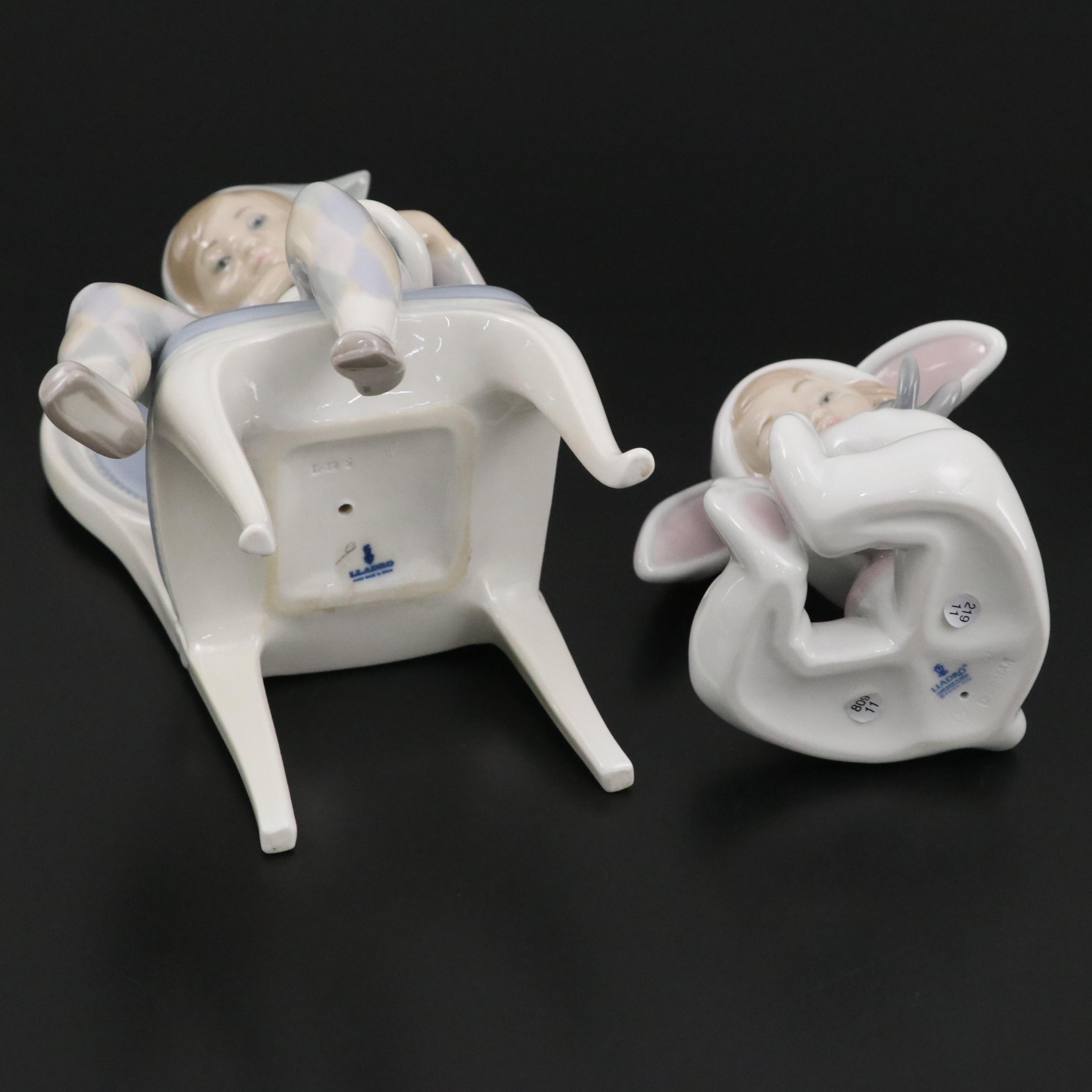 Lladró "Young Harlequin" Holding a Cat and "Bunny Hugs" Porcelain Figurines