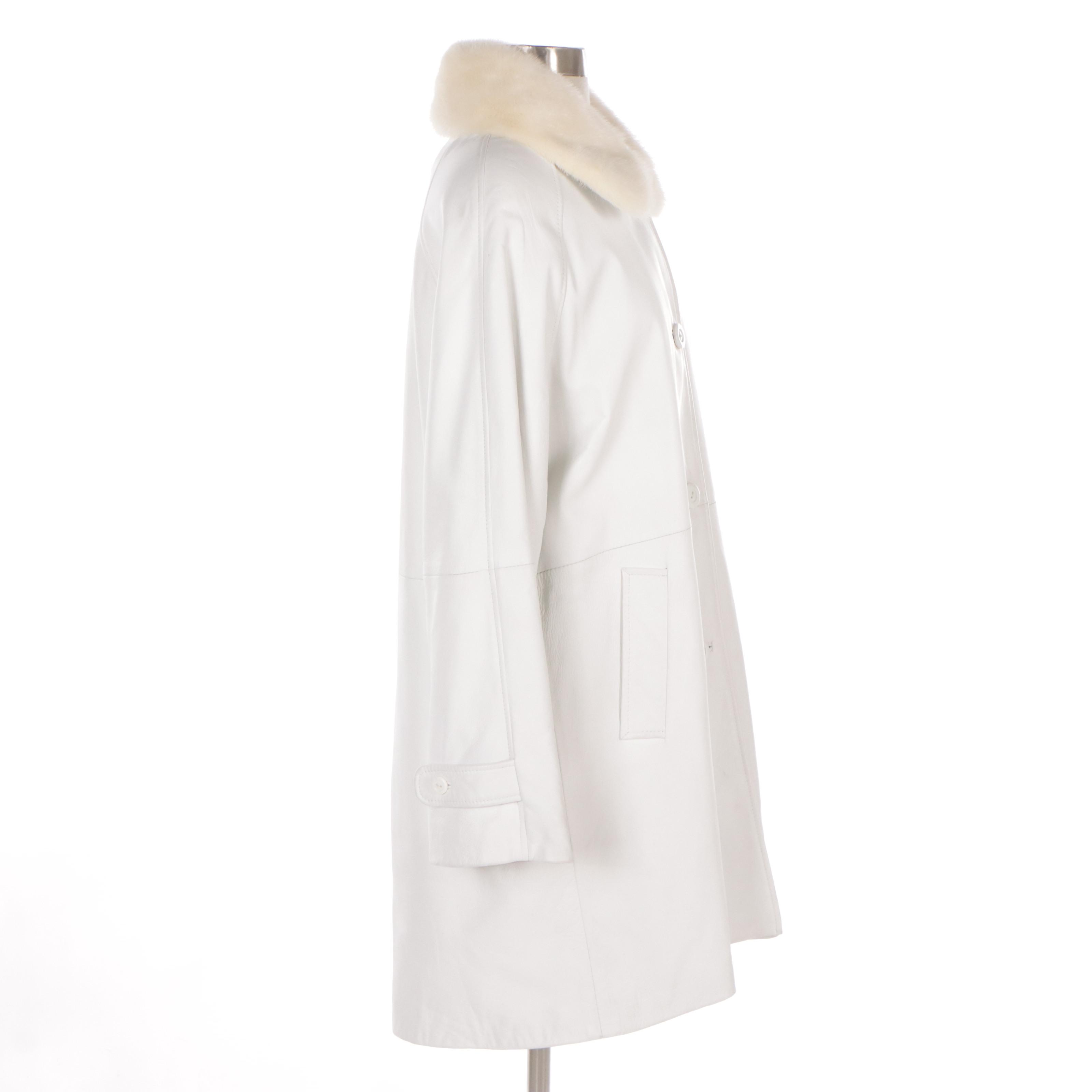 Birger Christensen White Leather Jacket with Mink Fur Collar