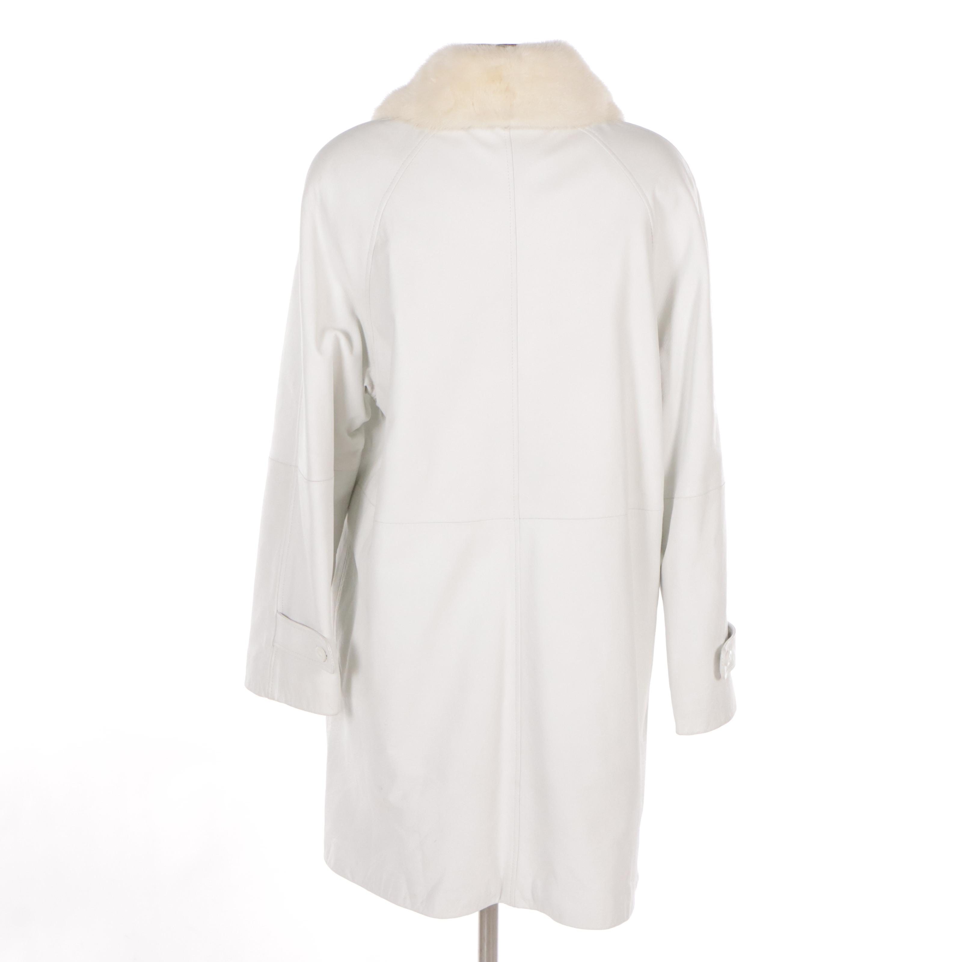 Birger Christensen White Leather Jacket with Mink Fur Collar