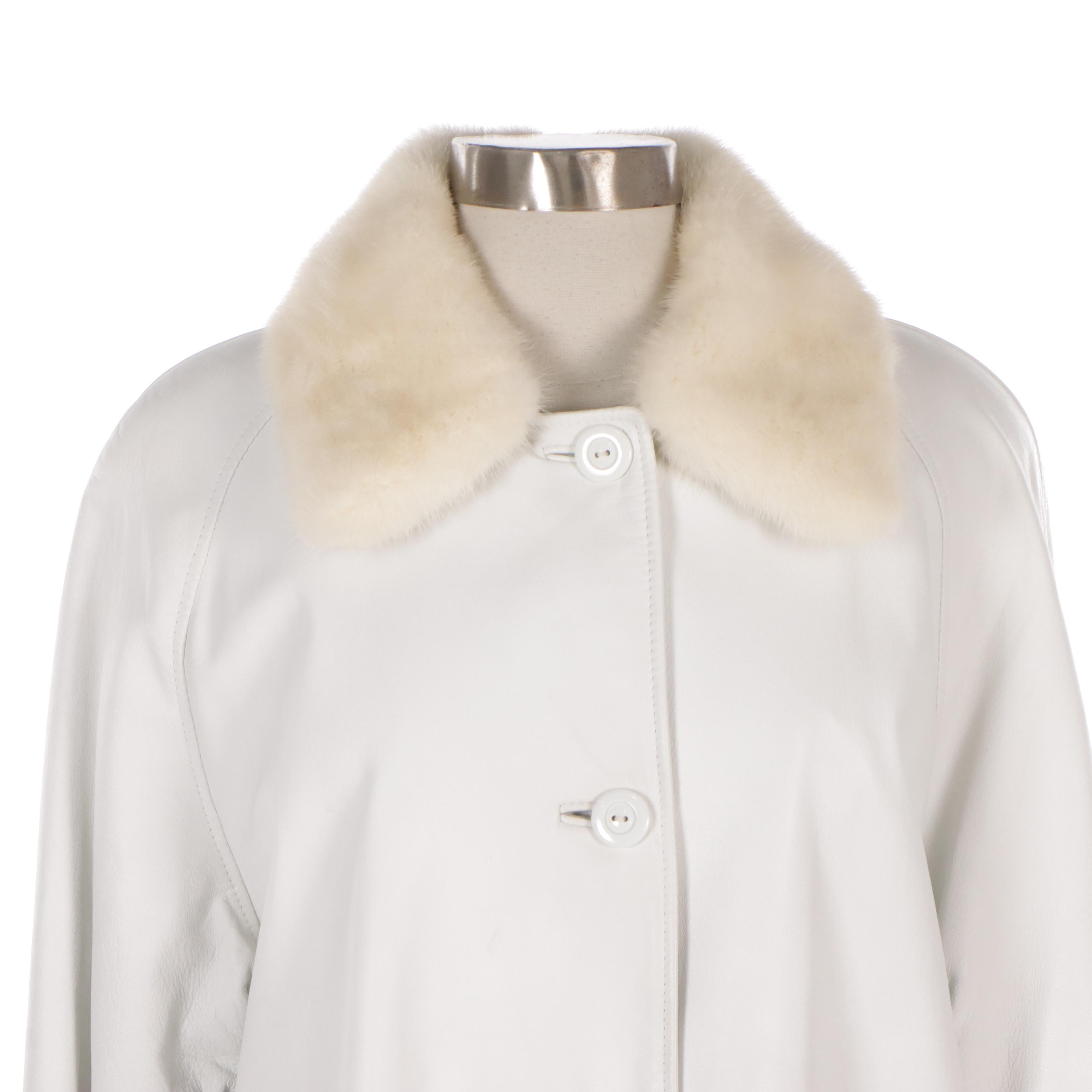 Birger Christensen White Leather Jacket with Mink Fur Collar