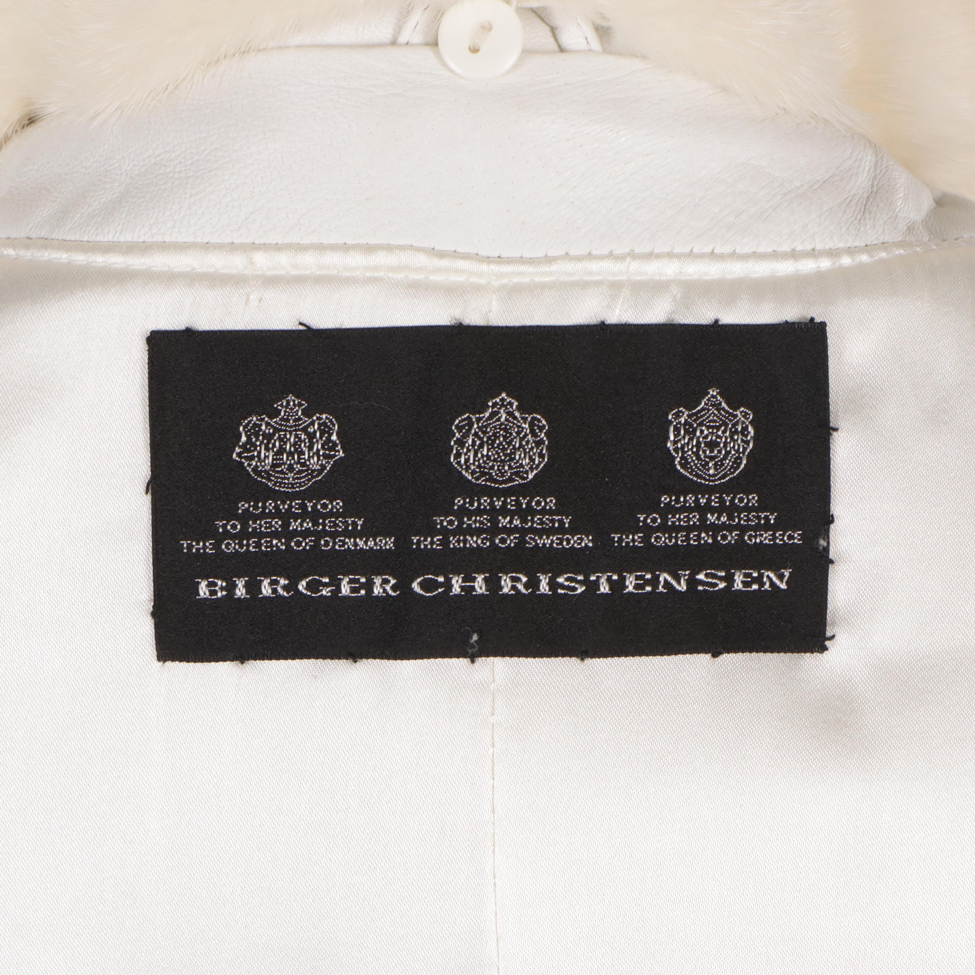 Birger Christensen White Leather Jacket with Mink Fur Collar