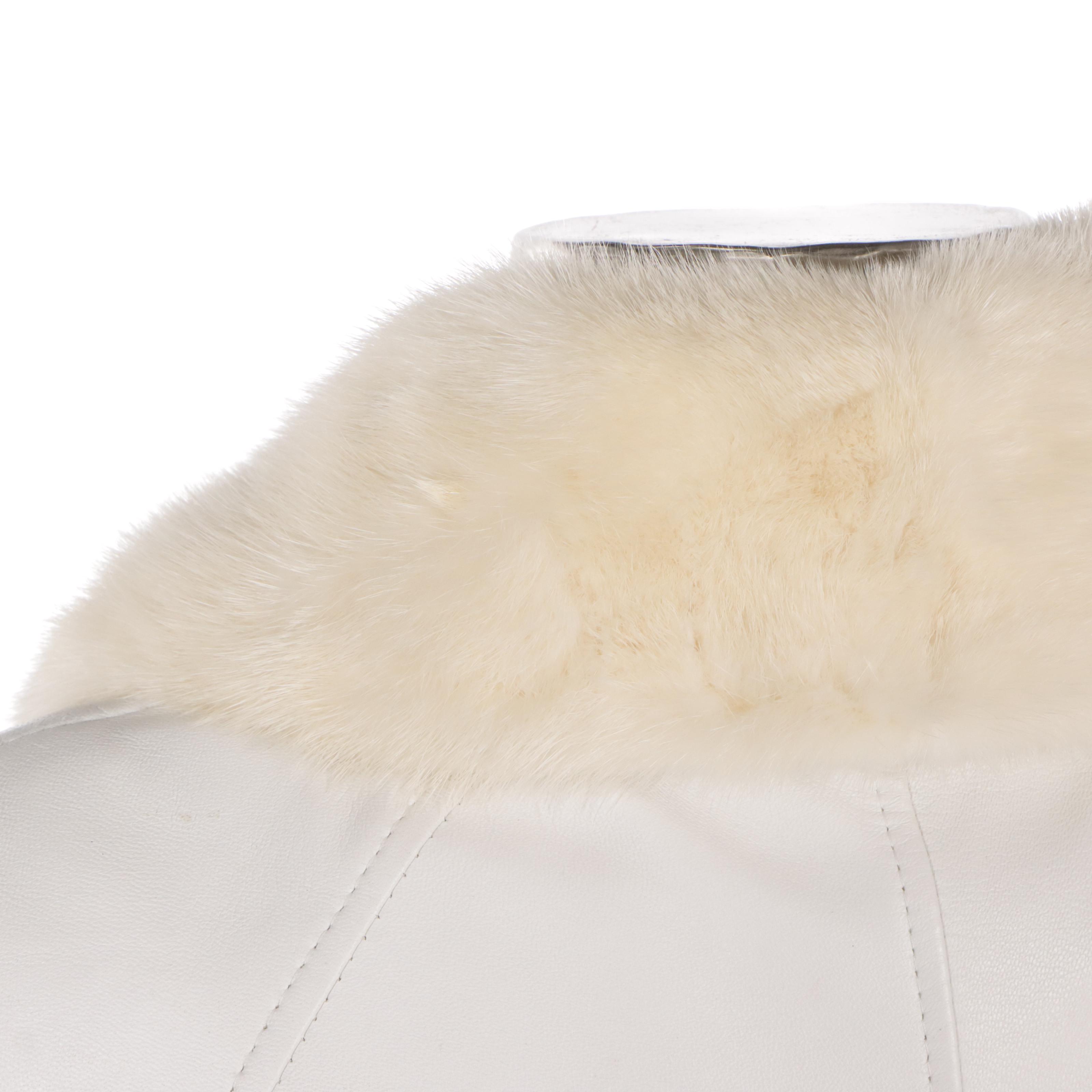 Birger Christensen White Leather Jacket with Mink Fur Collar