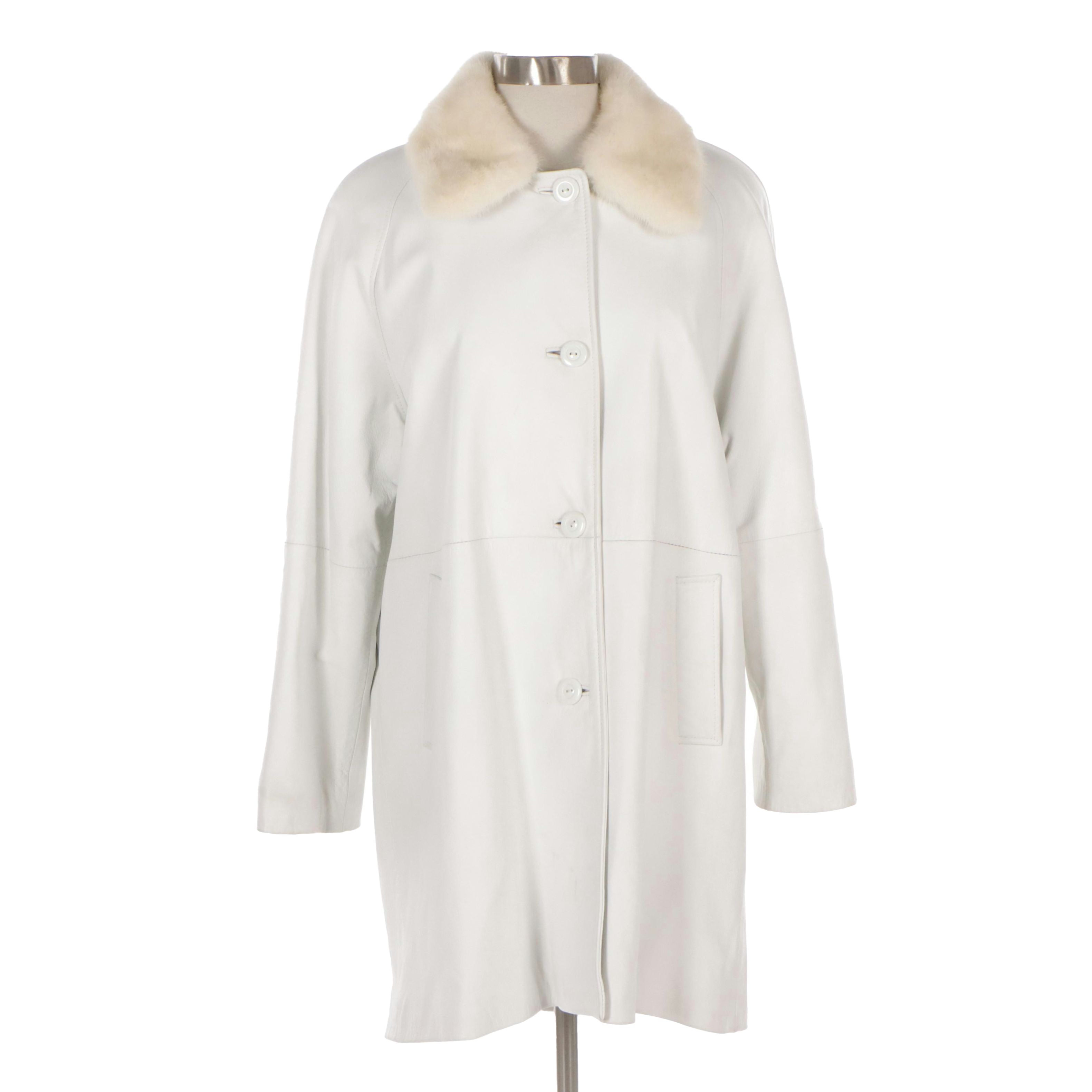 Birger Christensen White Leather Jacket with Mink Fur Collar