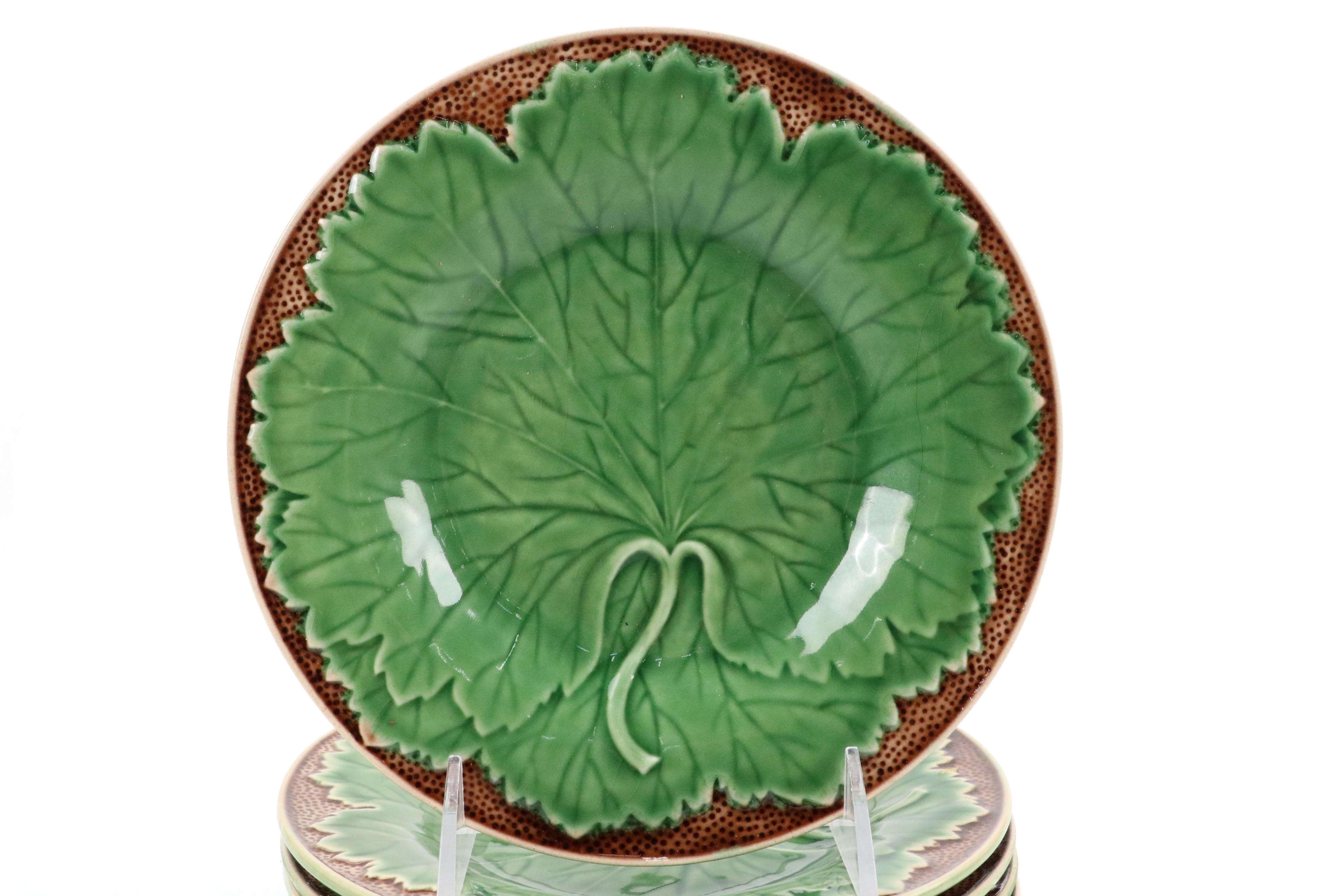 Bordallo Pinheiro Portuguese Faience Ceramic Plates with Lettuce Leaf Design