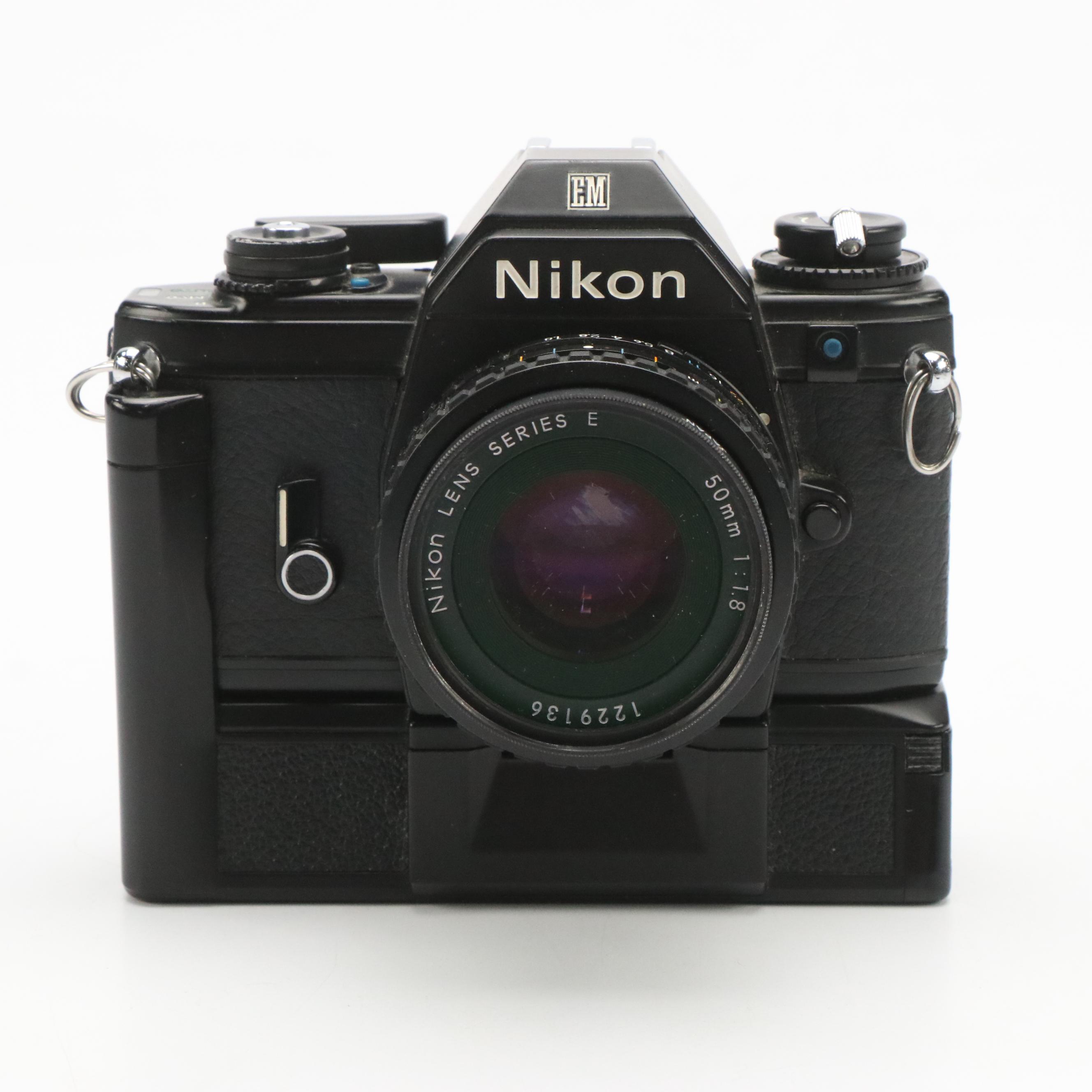 Nikon EM Camera, MD-12 Motor Drive Unit, Achiever Flash and More