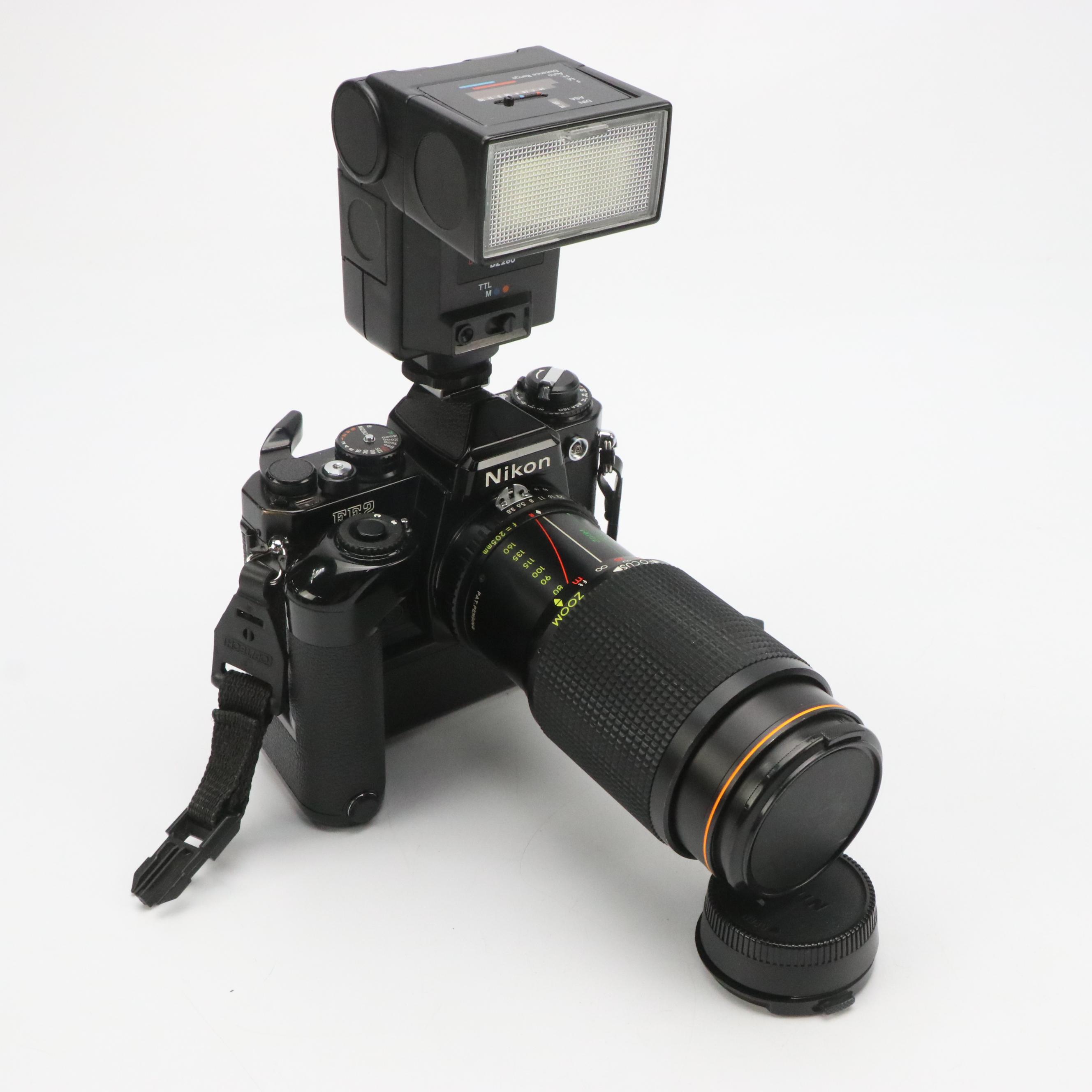 Nikon EM Camera, MD-12 Motor Drive Unit, Achiever Flash and More