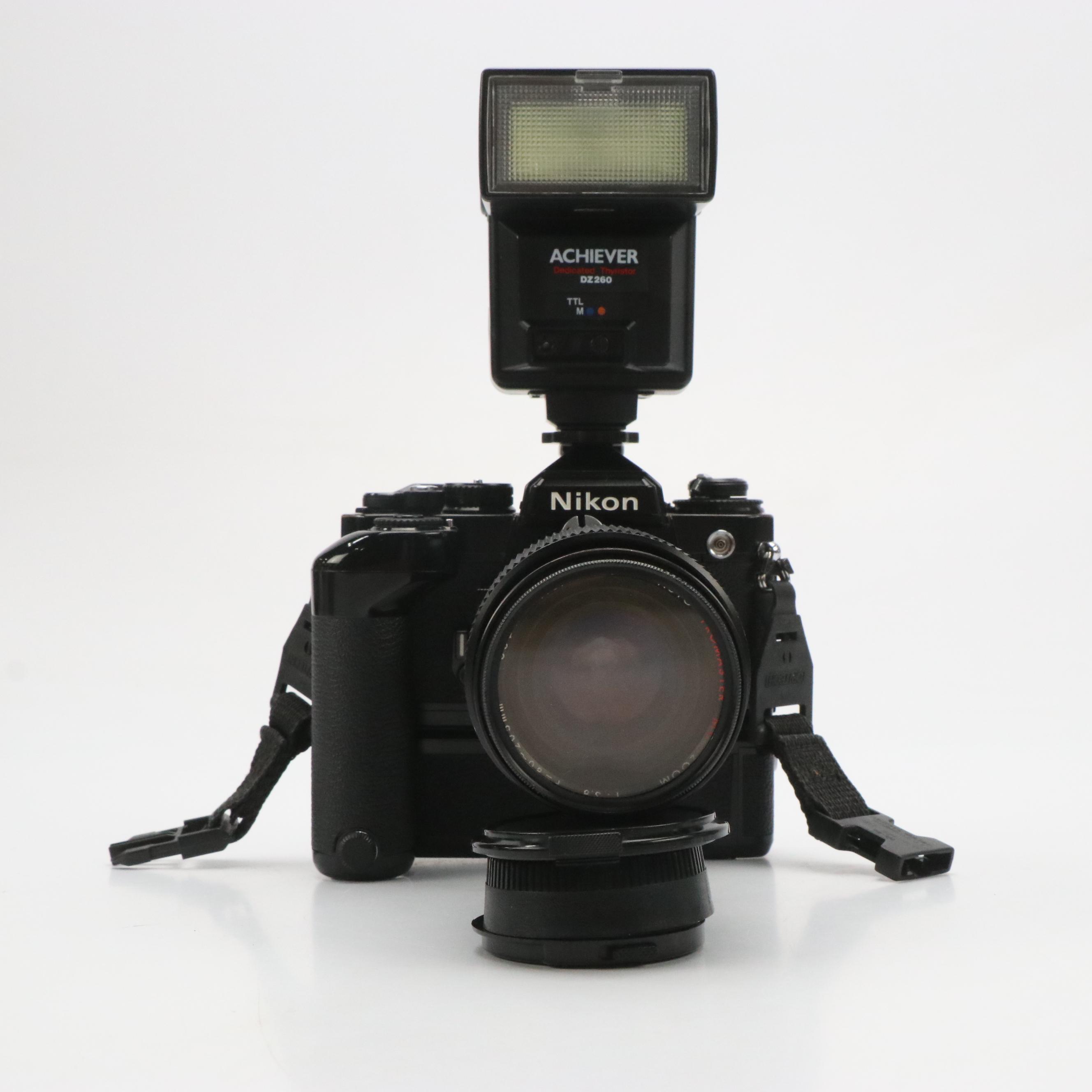 Nikon EM Camera, MD-12 Motor Drive Unit, Achiever Flash and More