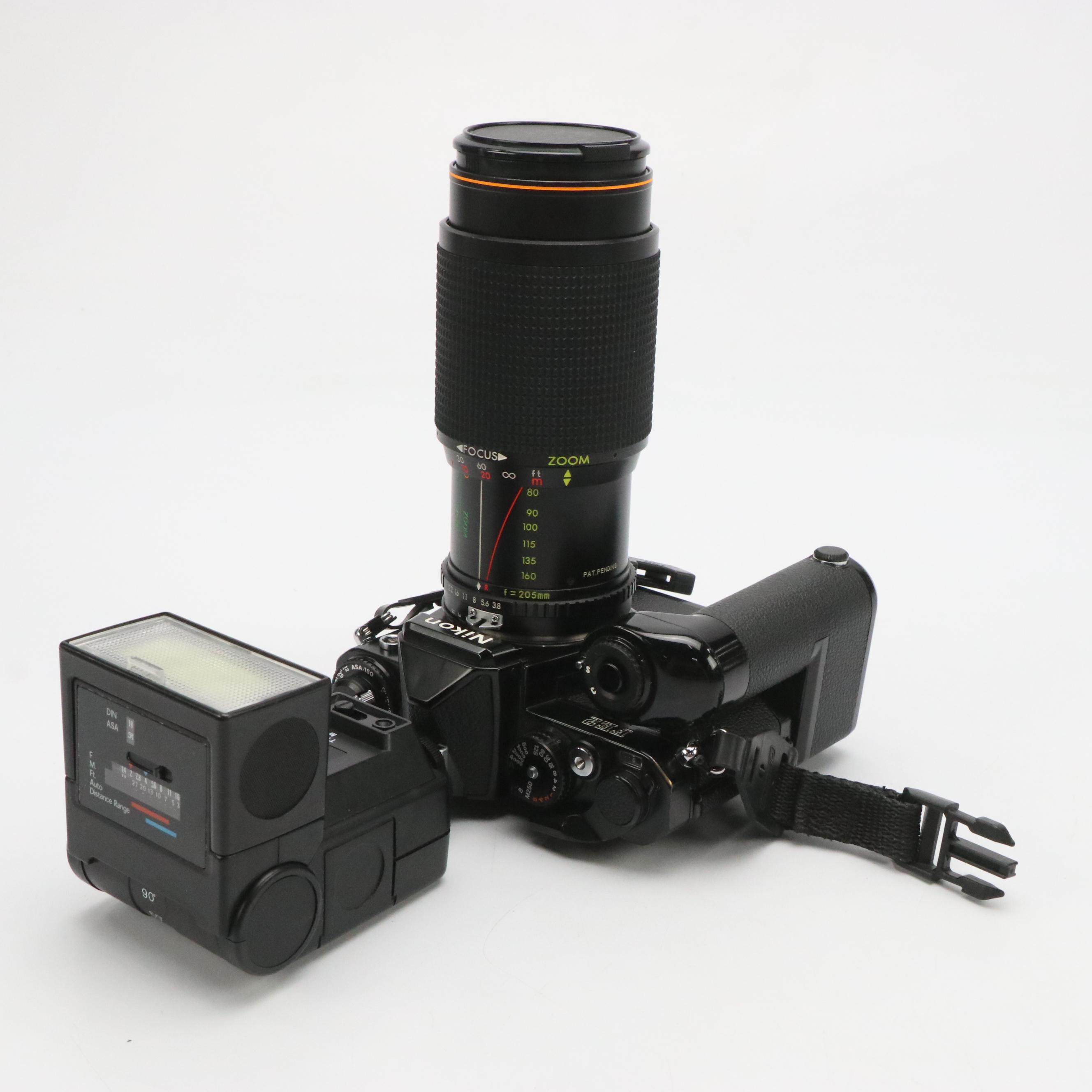 Nikon EM Camera, MD-12 Motor Drive Unit, Achiever Flash and More