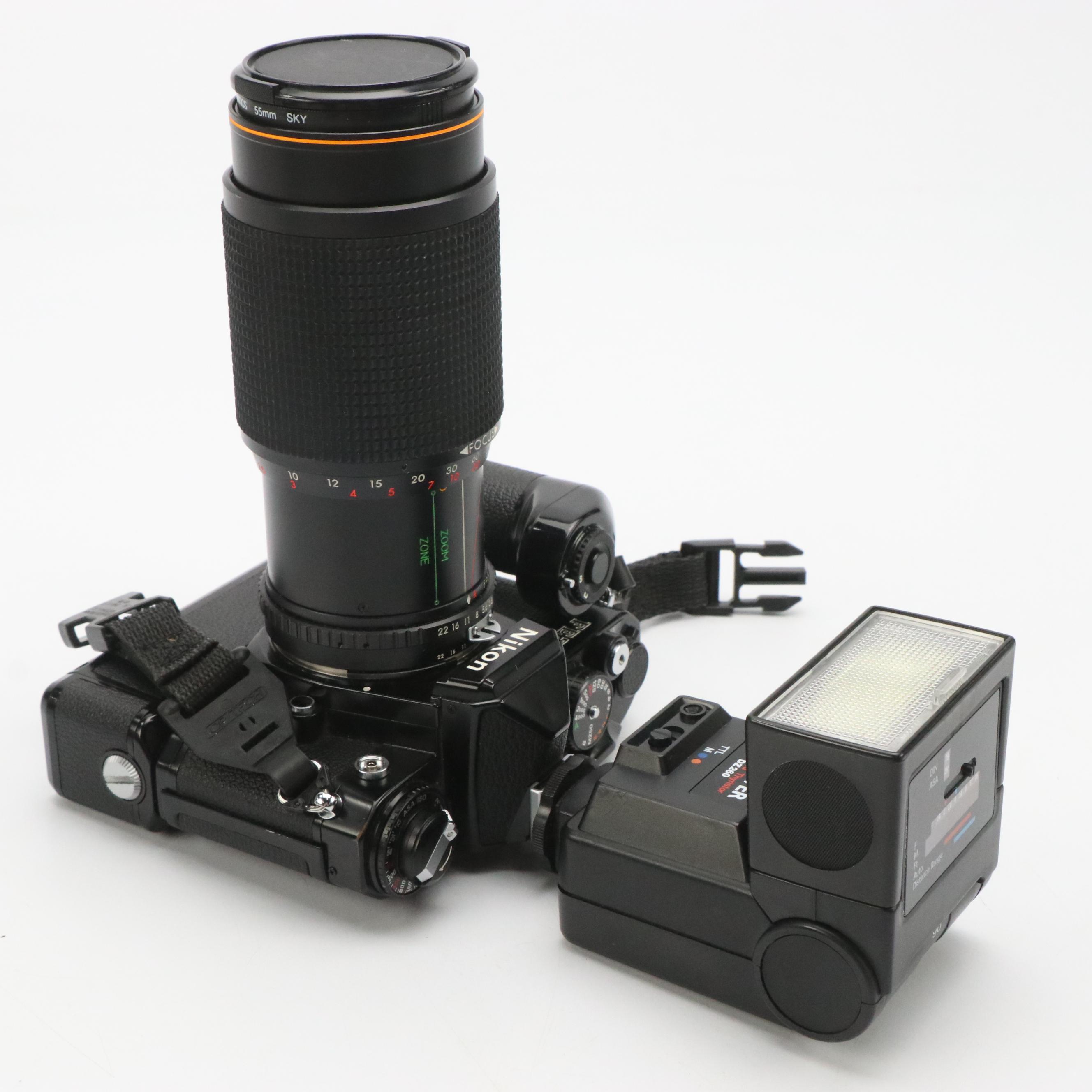 Nikon EM Camera, MD-12 Motor Drive Unit, Achiever Flash and More