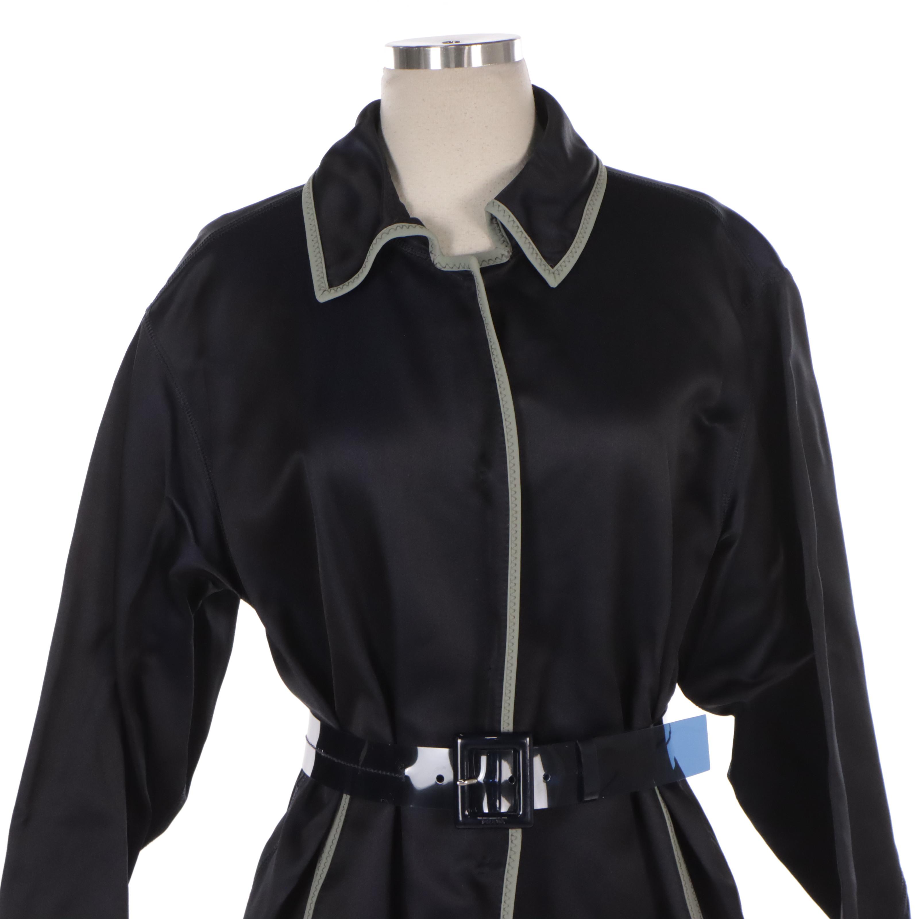Prada Navy Blue Silk Midi Jacket with Vinyl Belt, 2000s