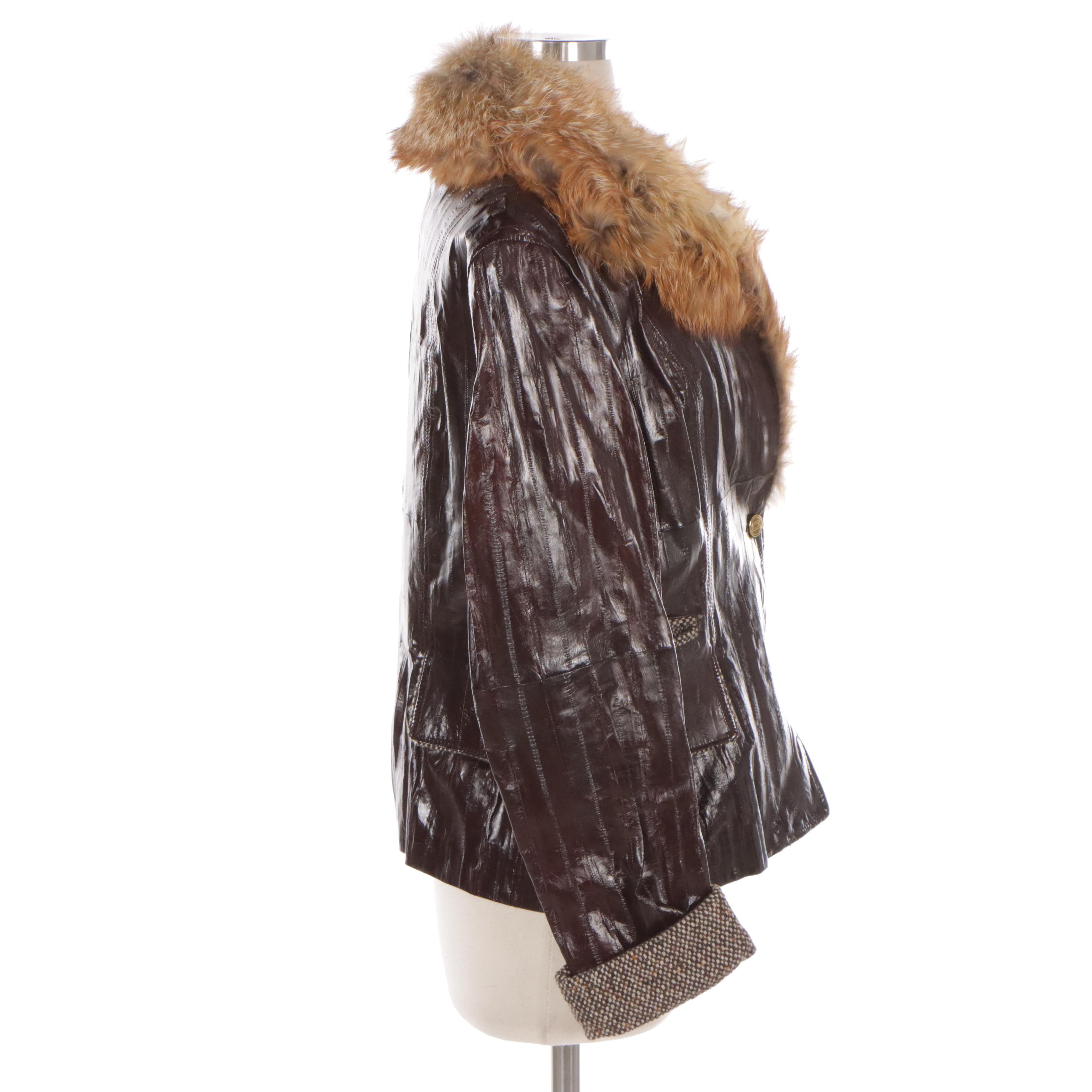 Dolce & Gabbana Eel Skin Leather Jacket with Fox Fur Trimmed Collar