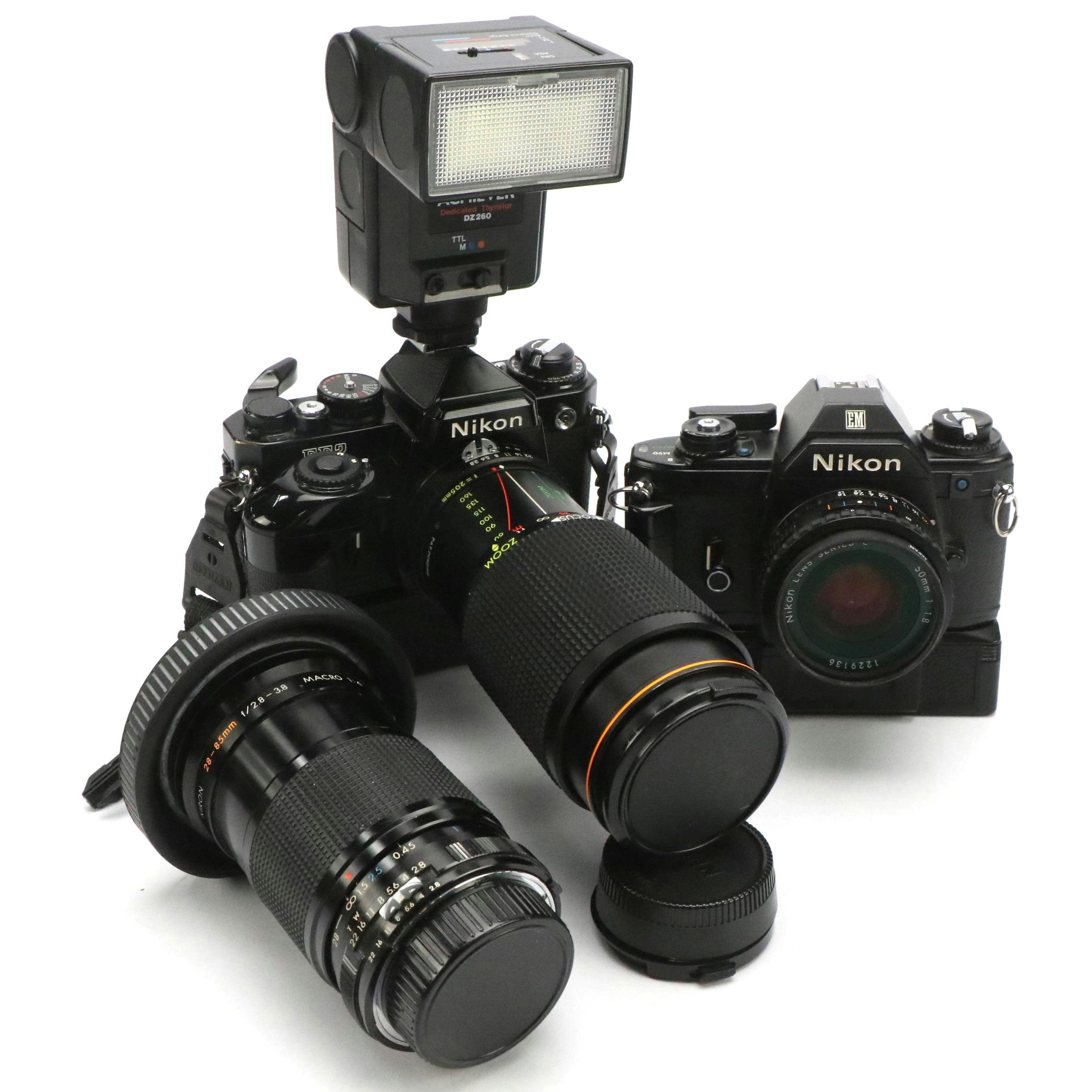 Nikon EM Camera, MD-12 Motor Drive Unit, Achiever Flash and More