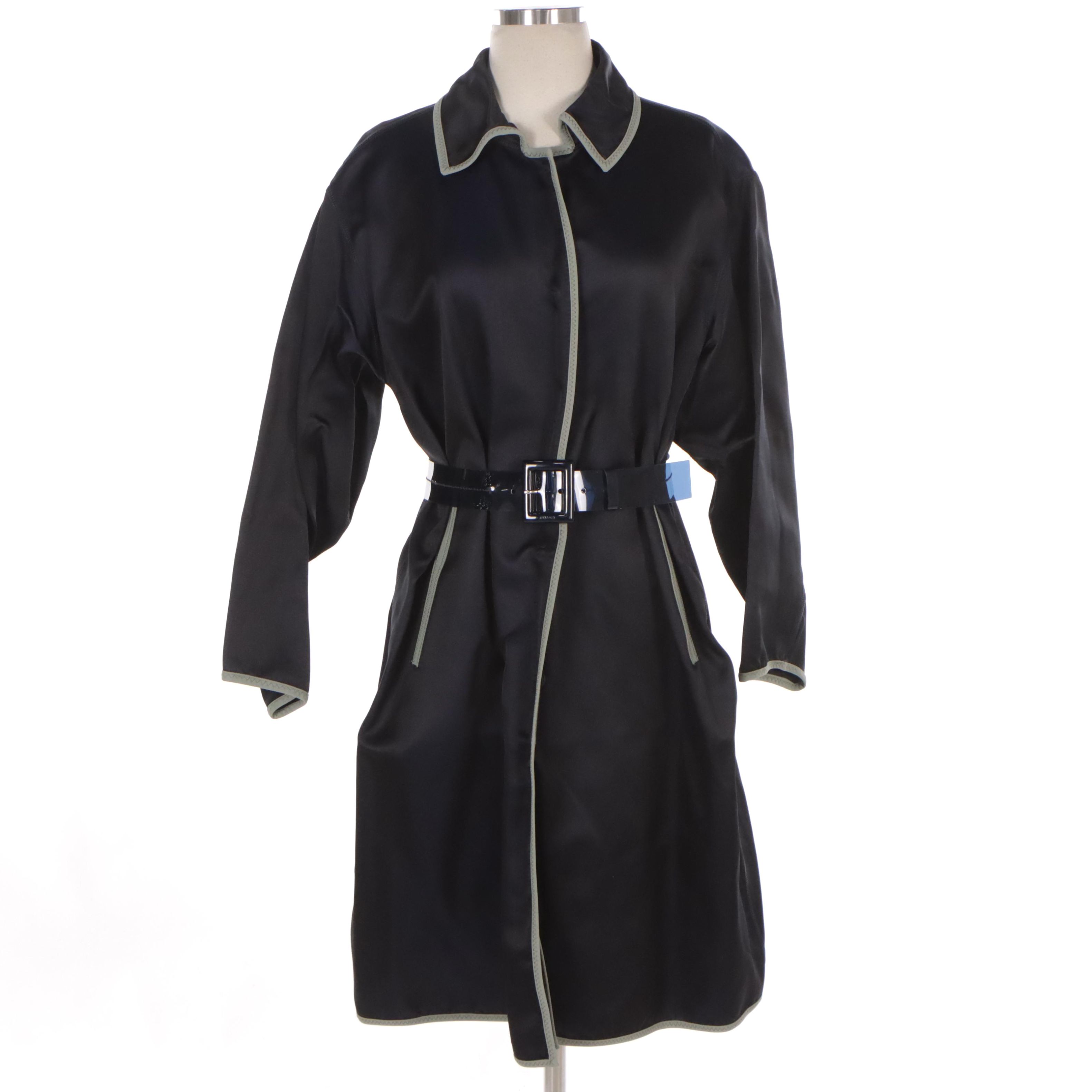 Prada Navy Blue Silk Midi Jacket with Vinyl Belt, 2000s