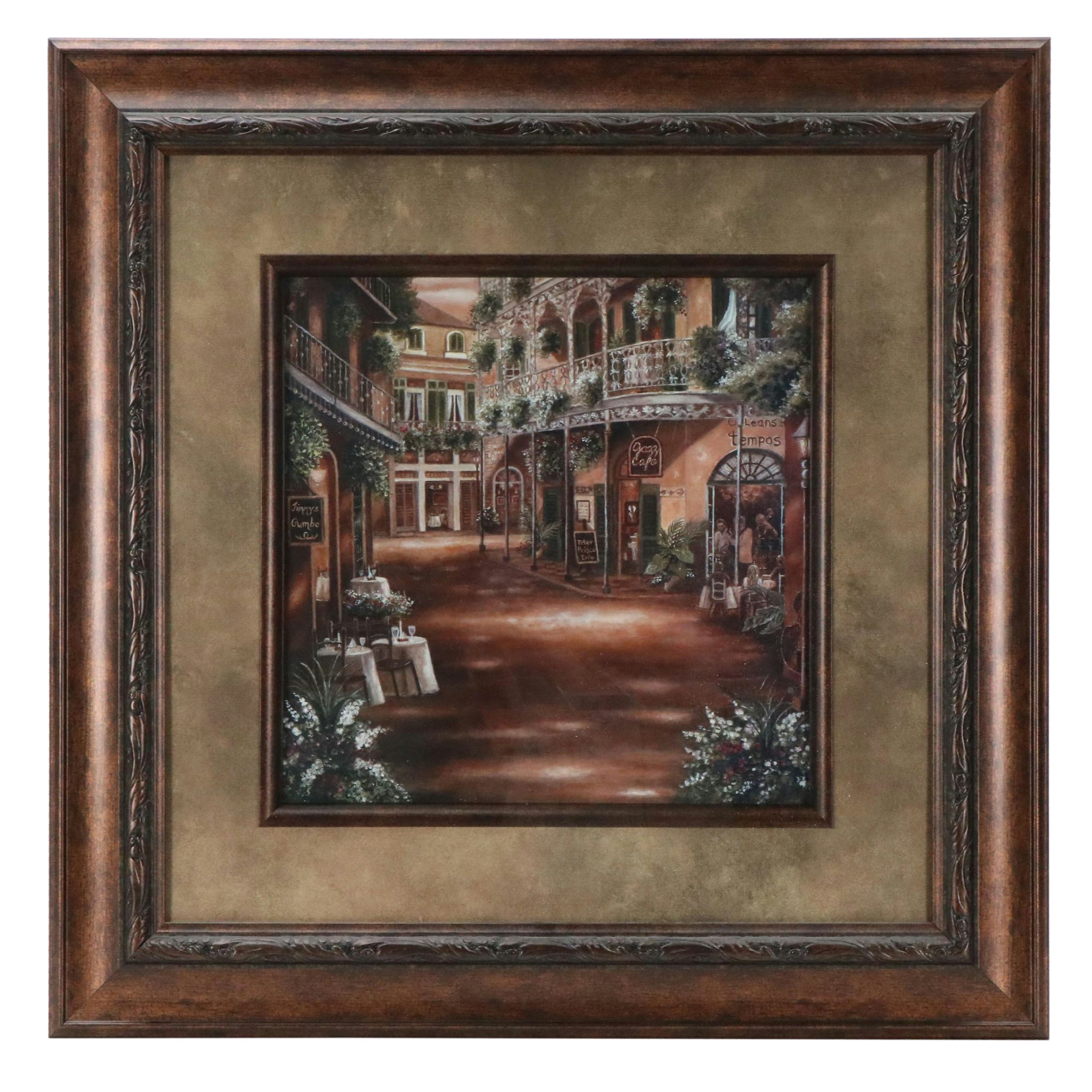 Offset Lithograph of French Quarter Street Scene, New Orleans