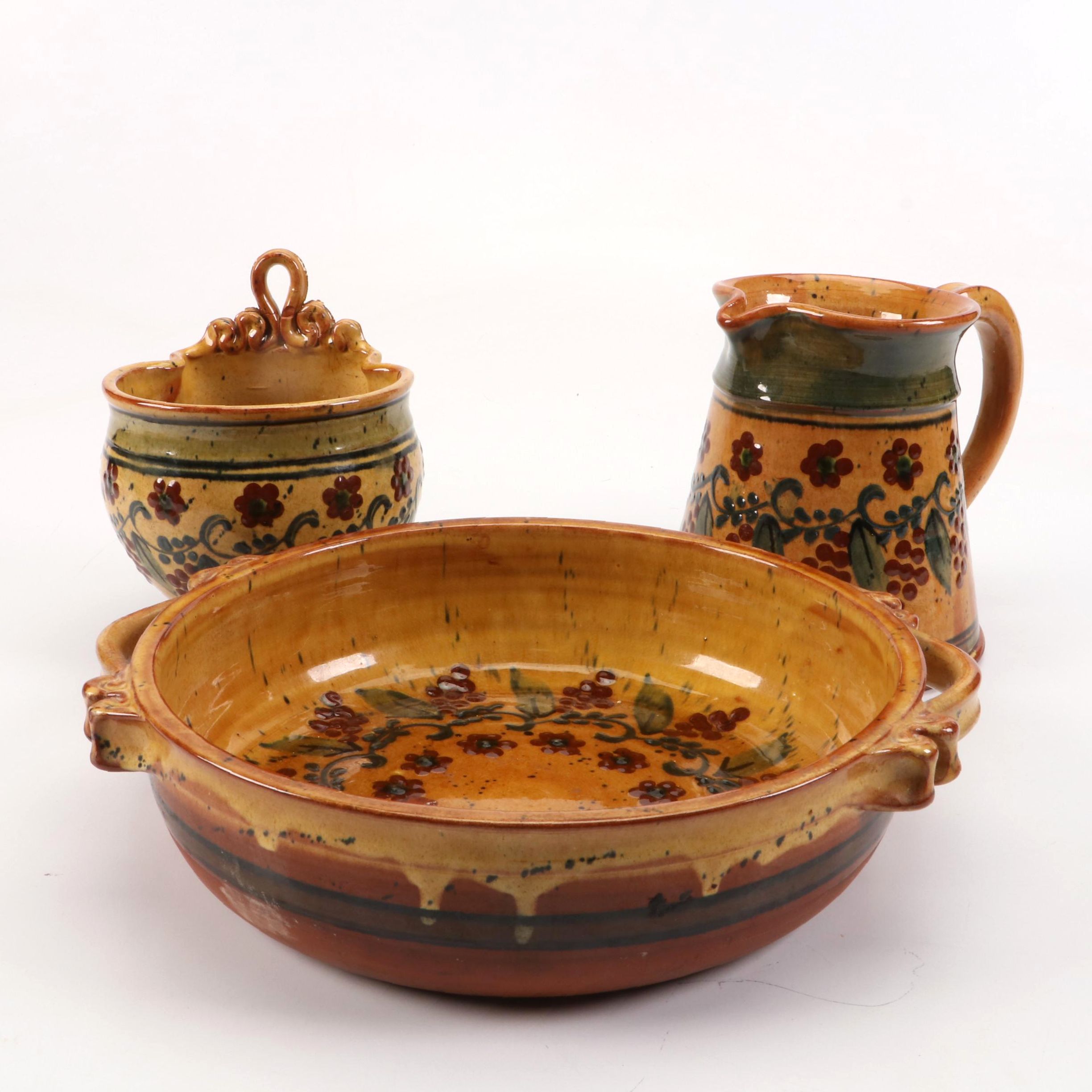 Corsican Majolica Bowl, Pitcher and Wall Pocket