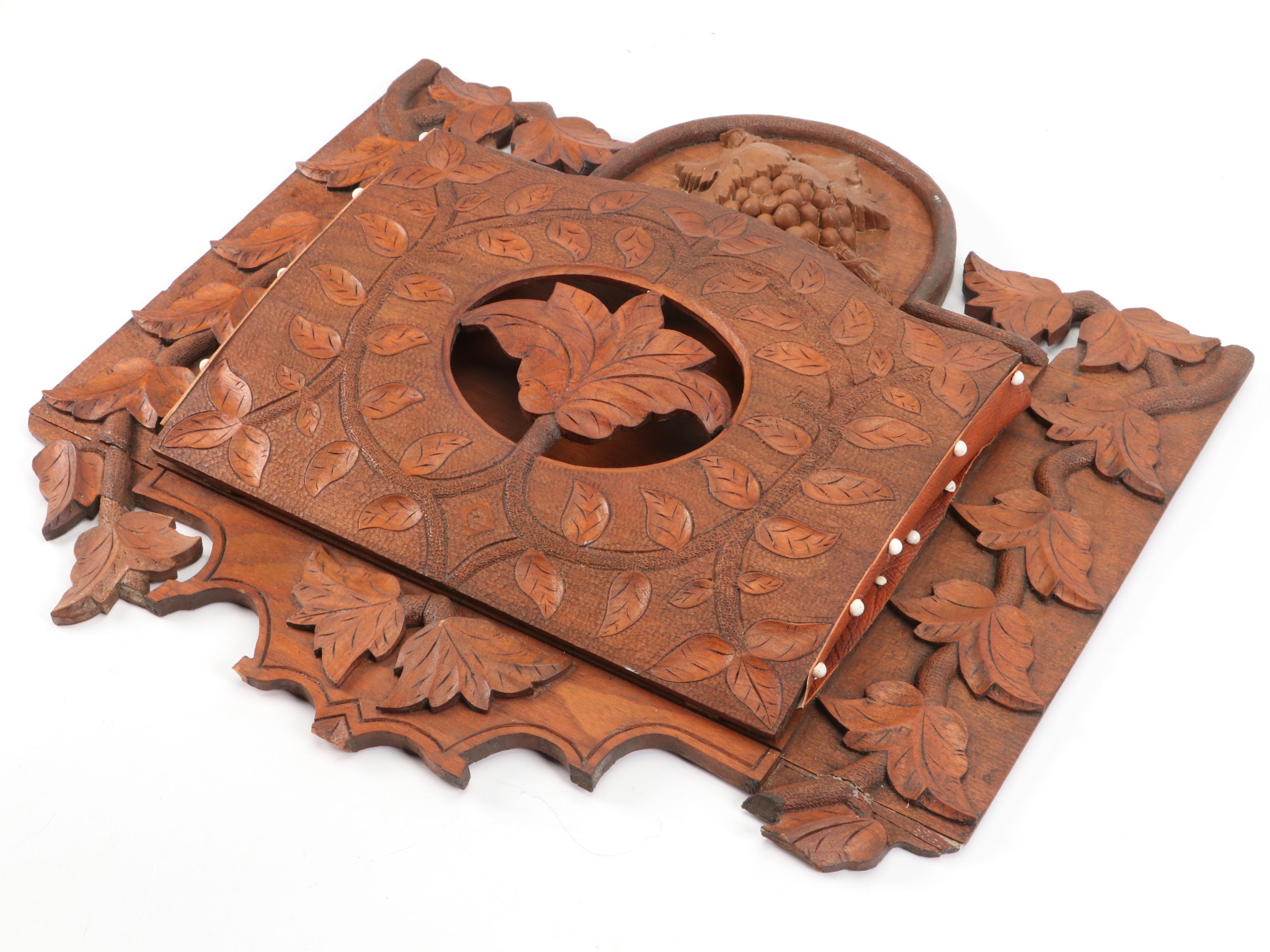 Victorian Carved Wood and Leather Wall Mounted Document Holder