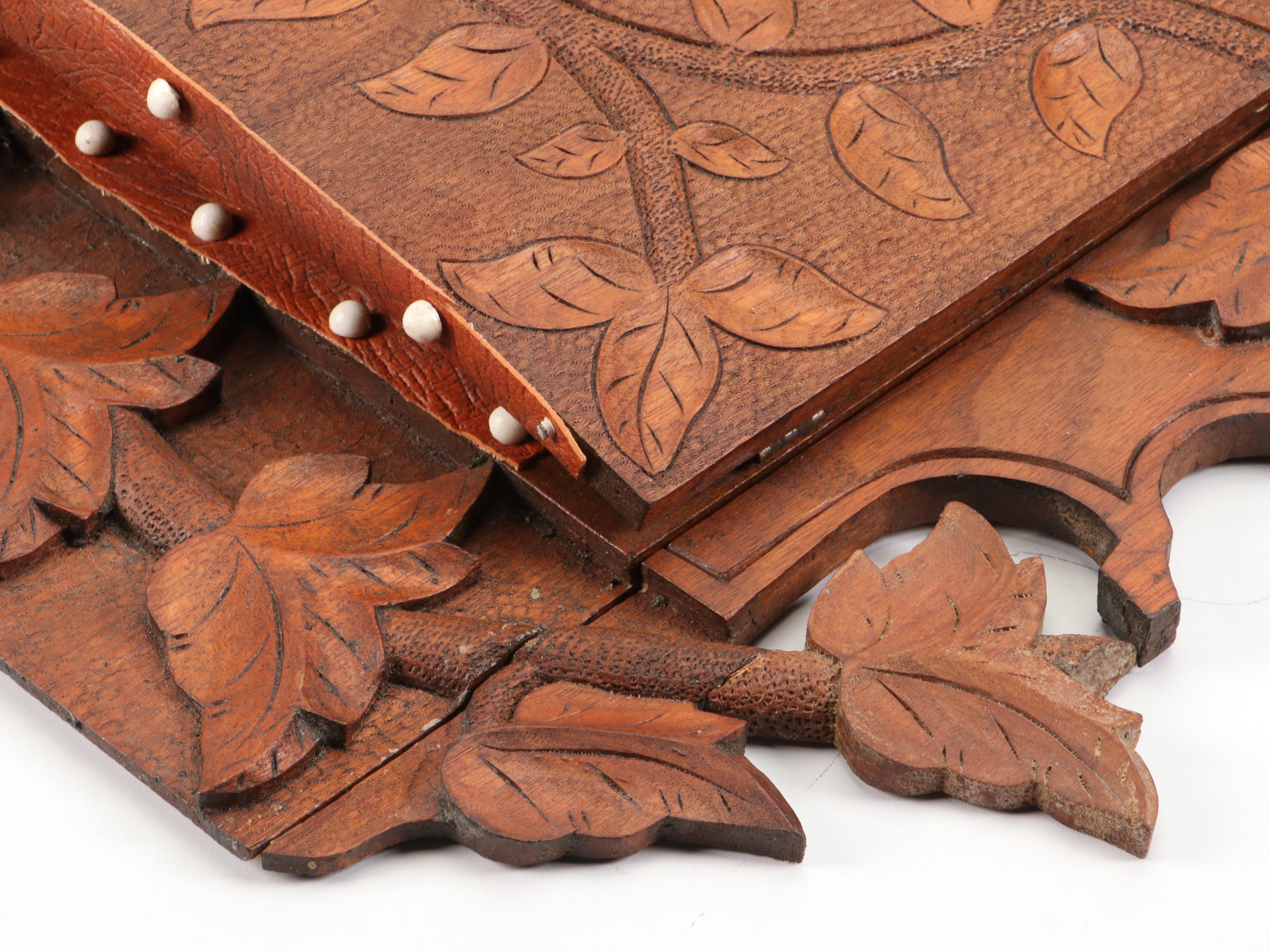 Victorian Carved Wood and Leather Wall Mounted Document Holder