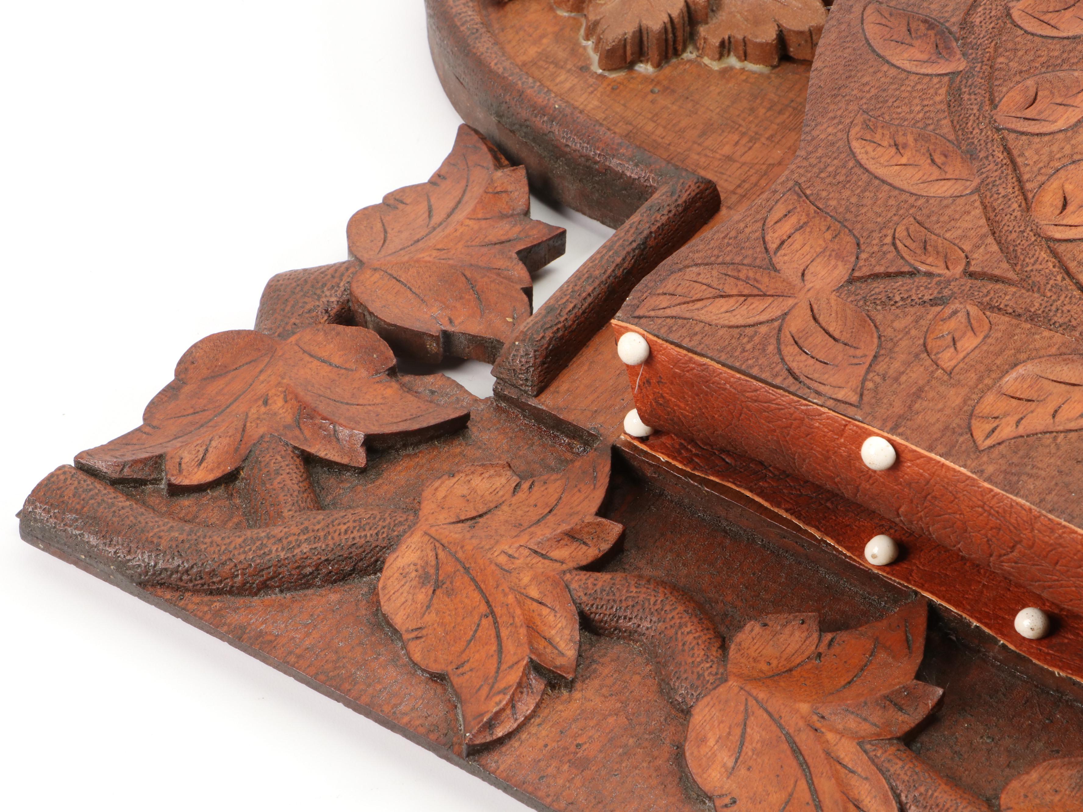 Victorian Carved Wood and Leather Wall Mounted Document Holder