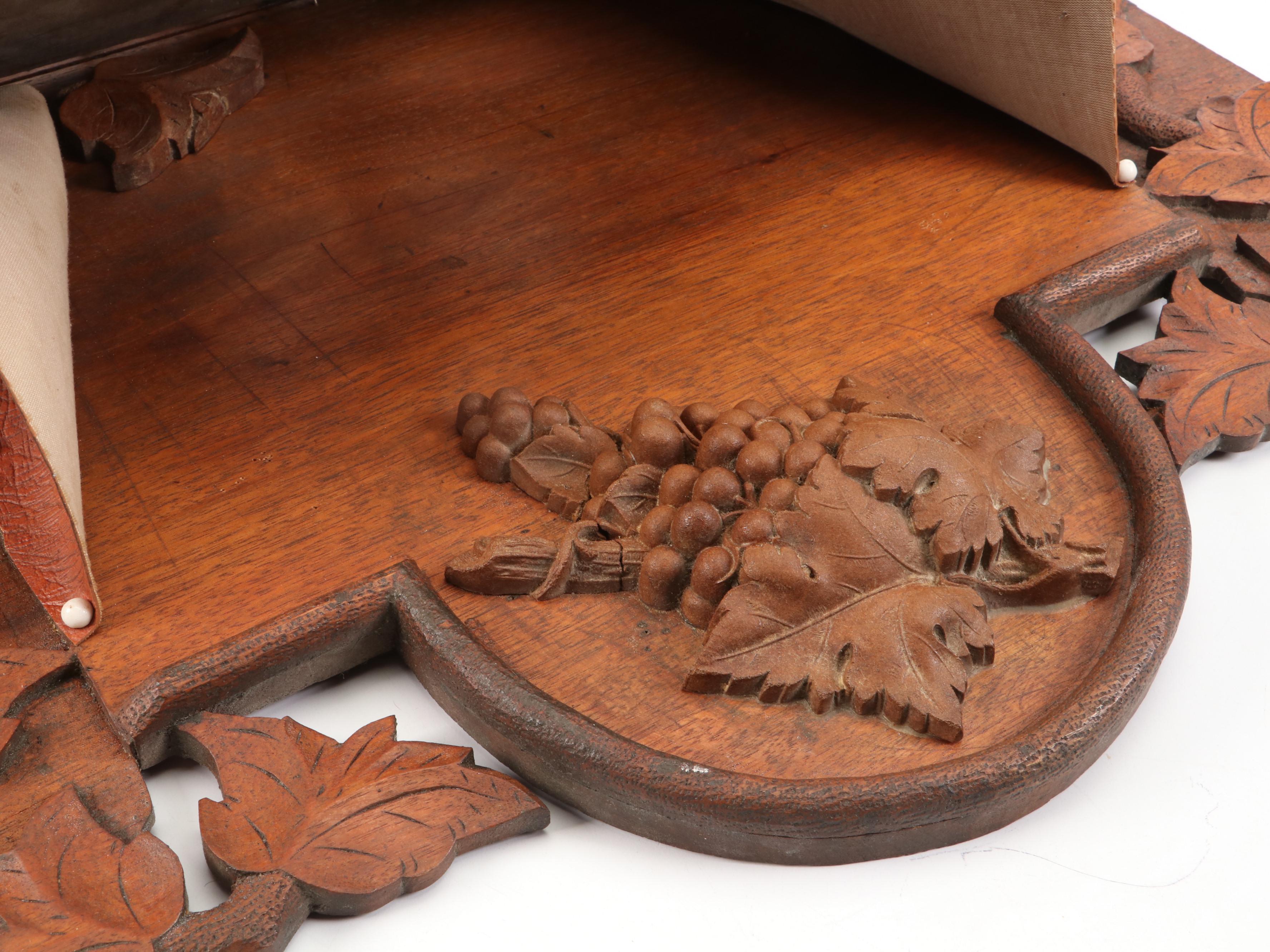 Victorian Carved Wood and Leather Wall Mounted Document Holder