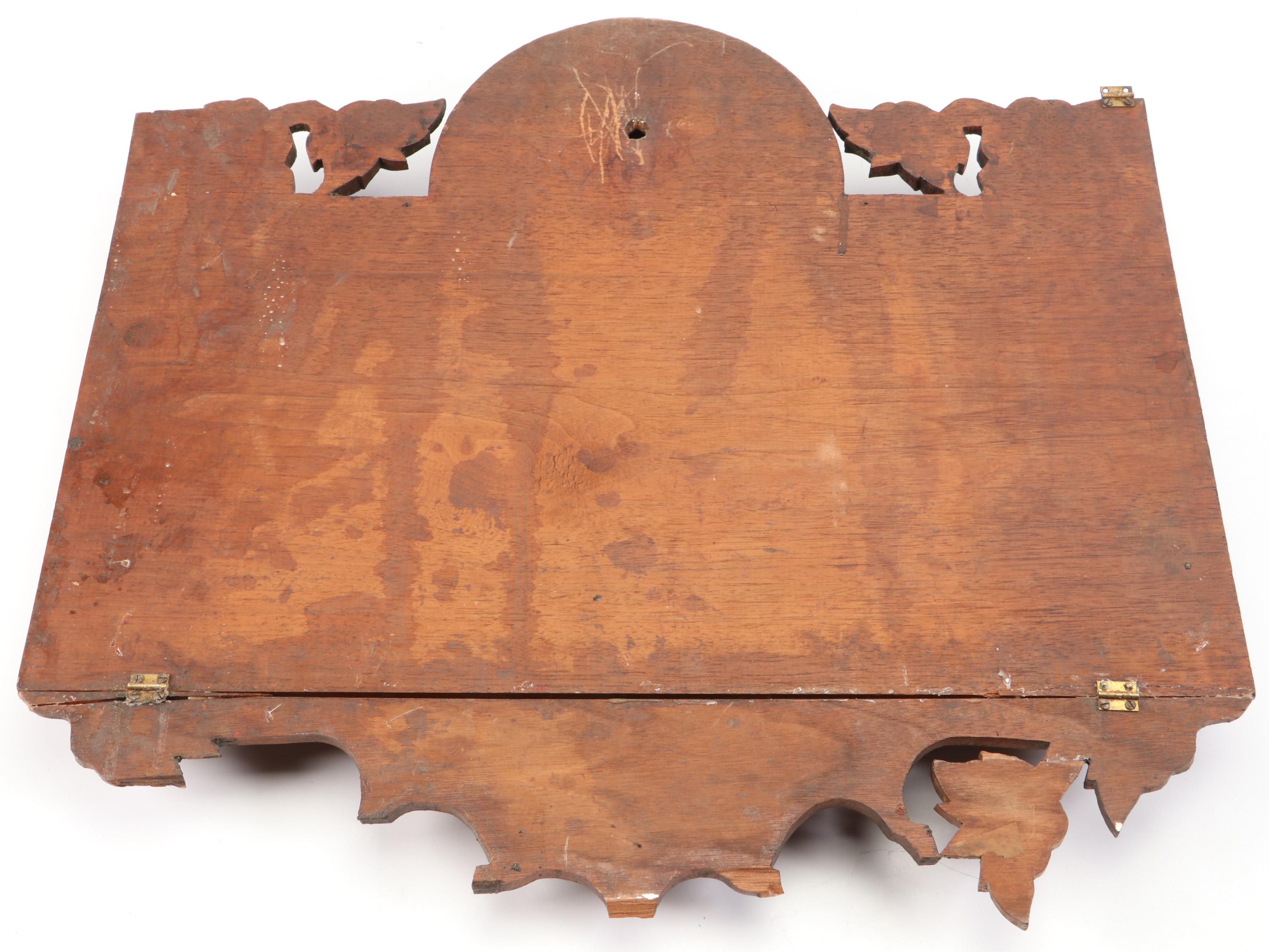 Victorian Carved Wood and Leather Wall Mounted Document Holder