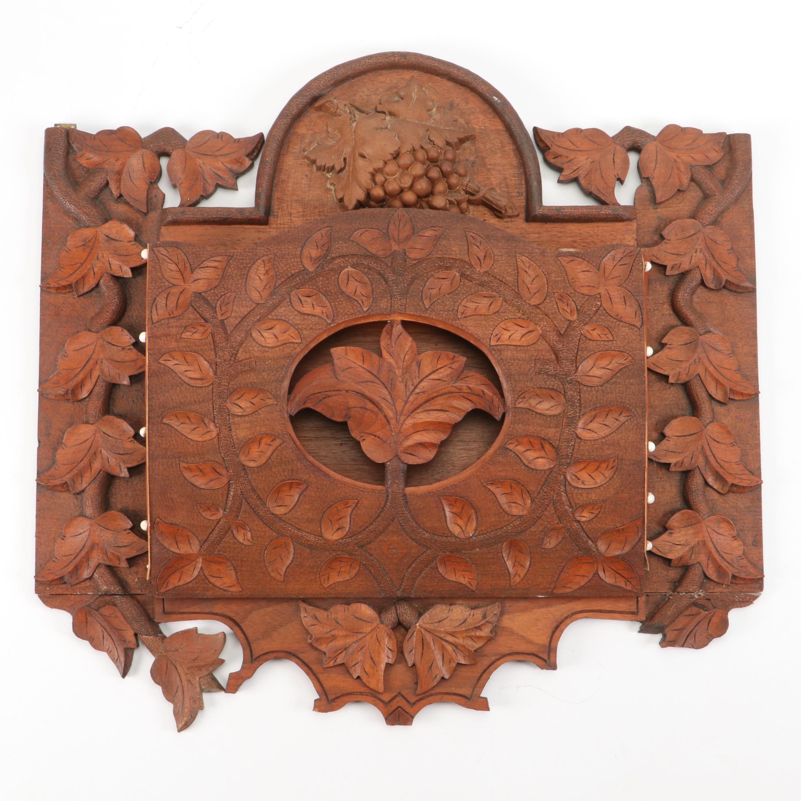 Victorian Carved Wood and Leather Wall Mounted Document Holder