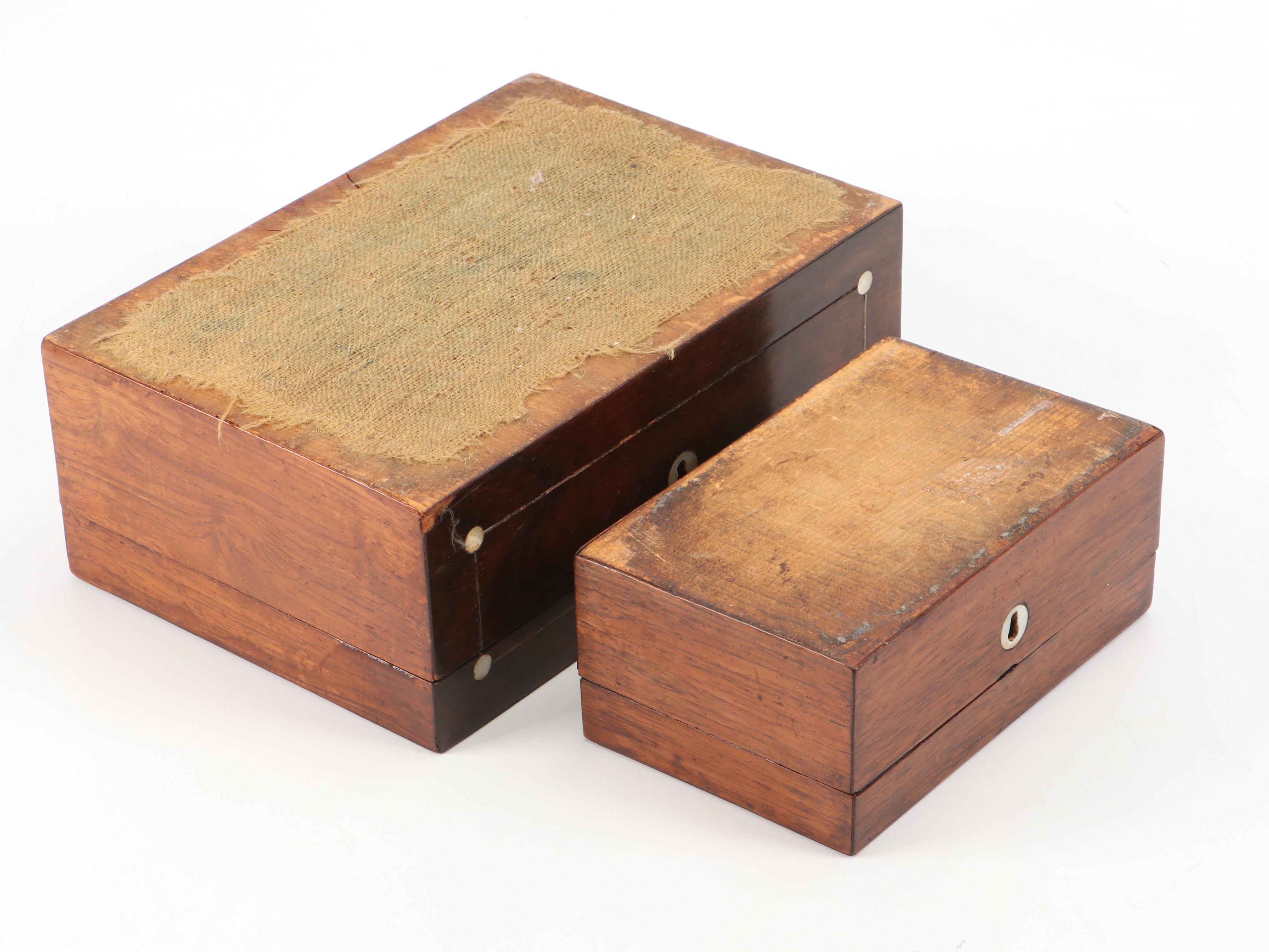 Wood Boxes with MOP and Metal Inlay and Silver Plate Candlestick Pair