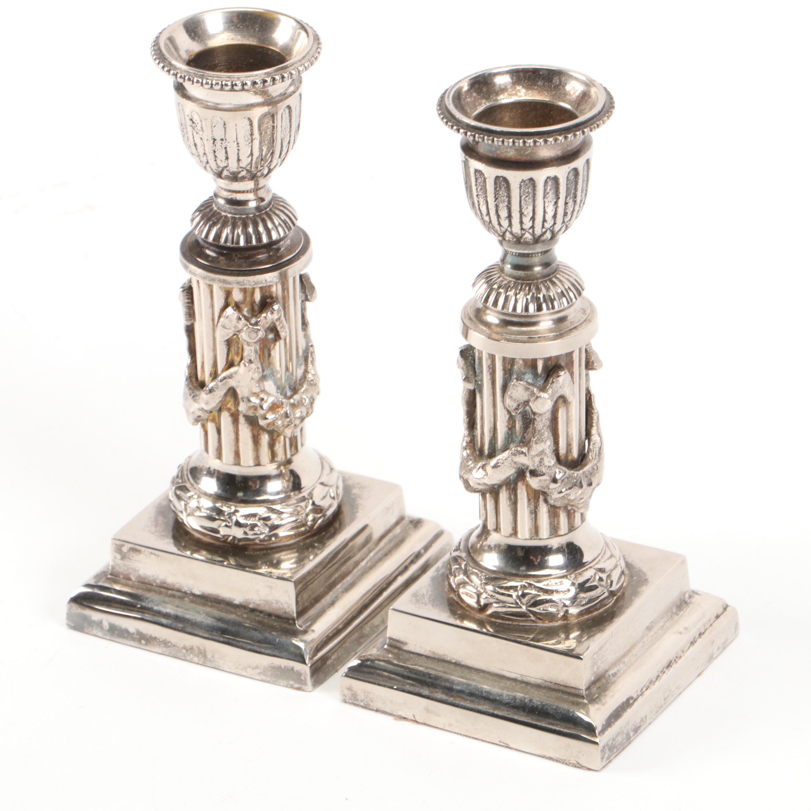 Wood Boxes with MOP and Metal Inlay and Silver Plate Candlestick Pair