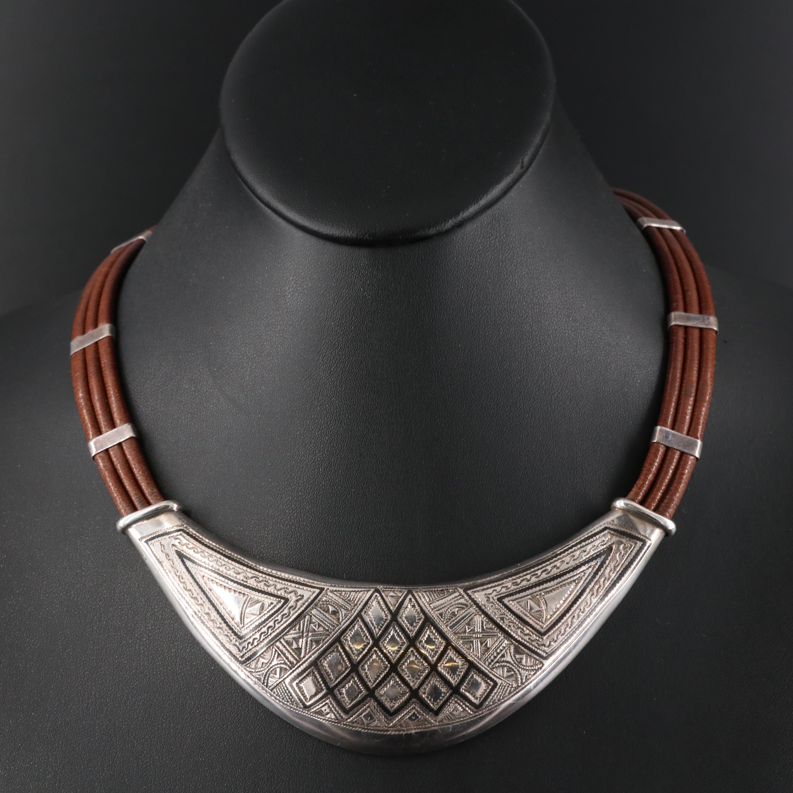 Tuareg Tribal Style Sterling and Leather Bib Necklace