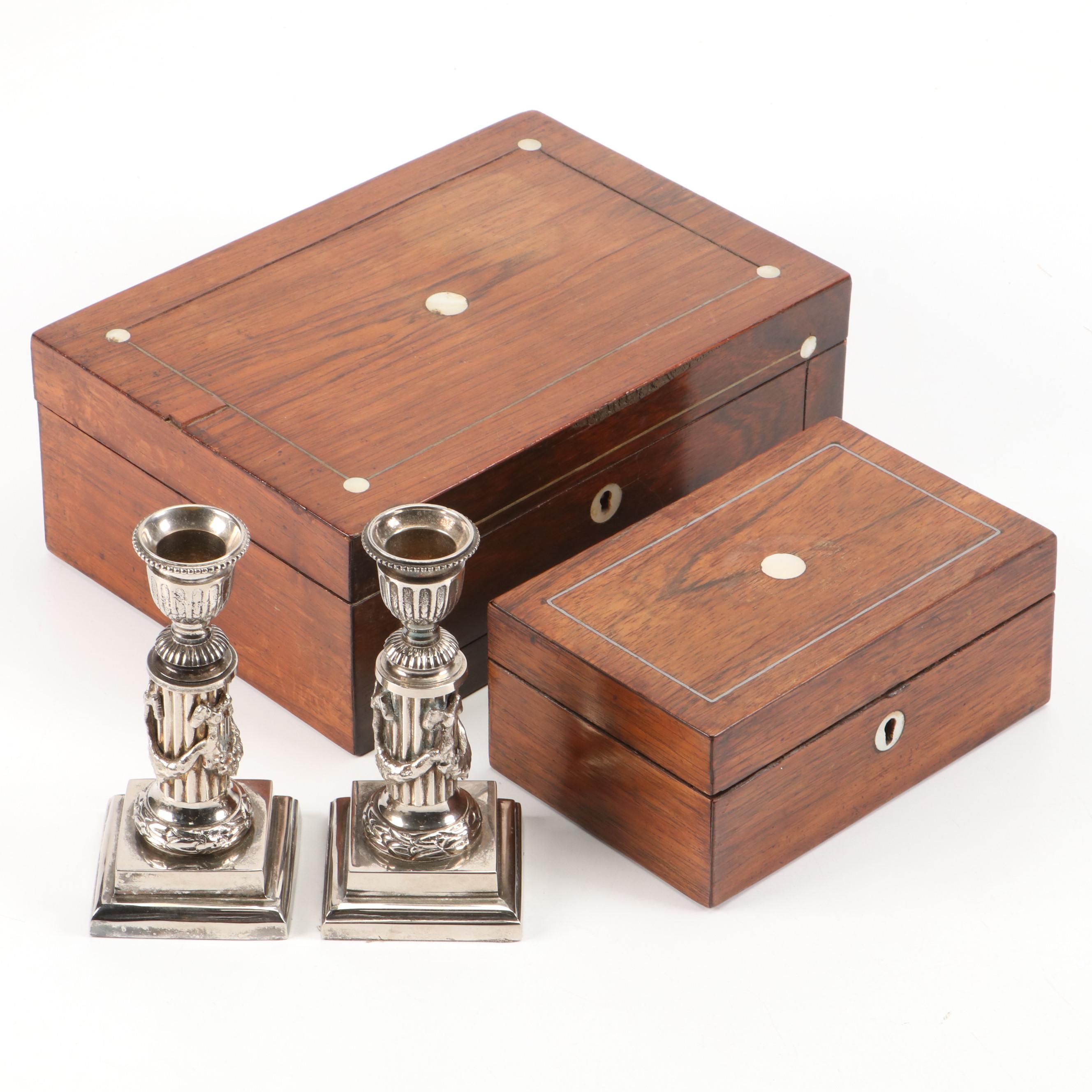 Wood Boxes with MOP and Metal Inlay and Silver Plate Candlestick Pair