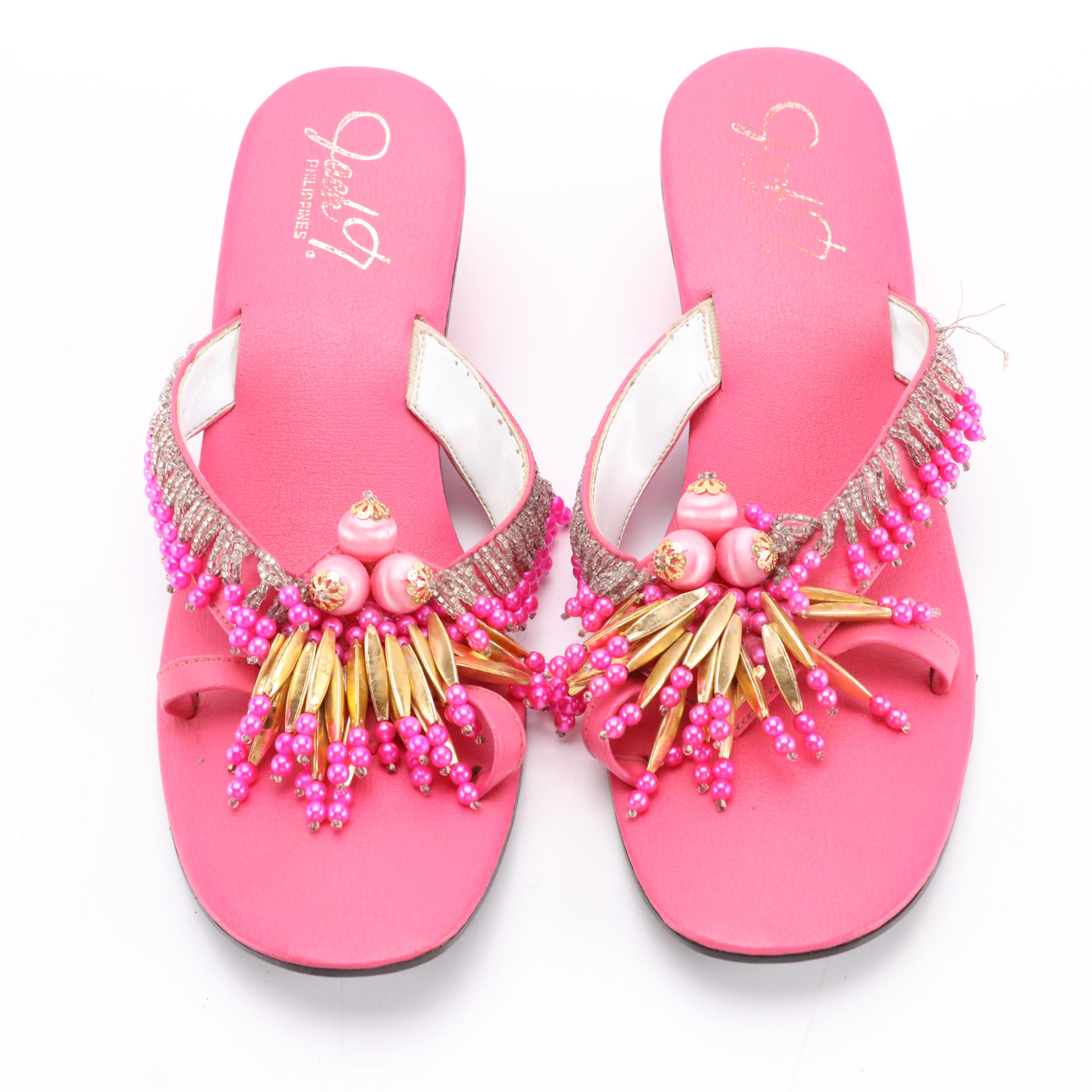 Jack T. Beaded Kitten Heel Sandals in Hot Pink Leather