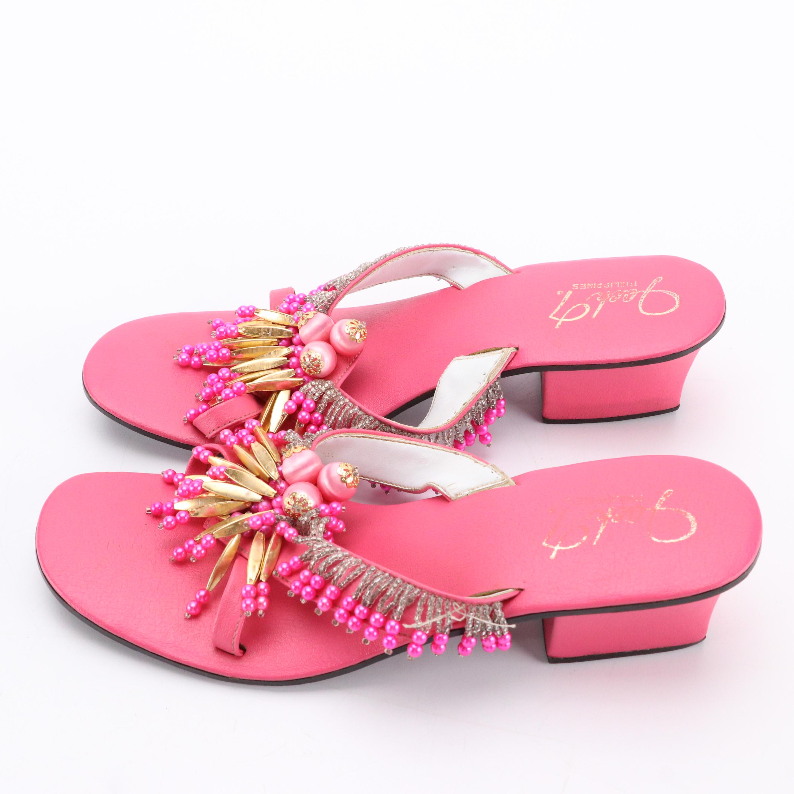 Jack T. Beaded Kitten Heel Sandals in Hot Pink Leather
