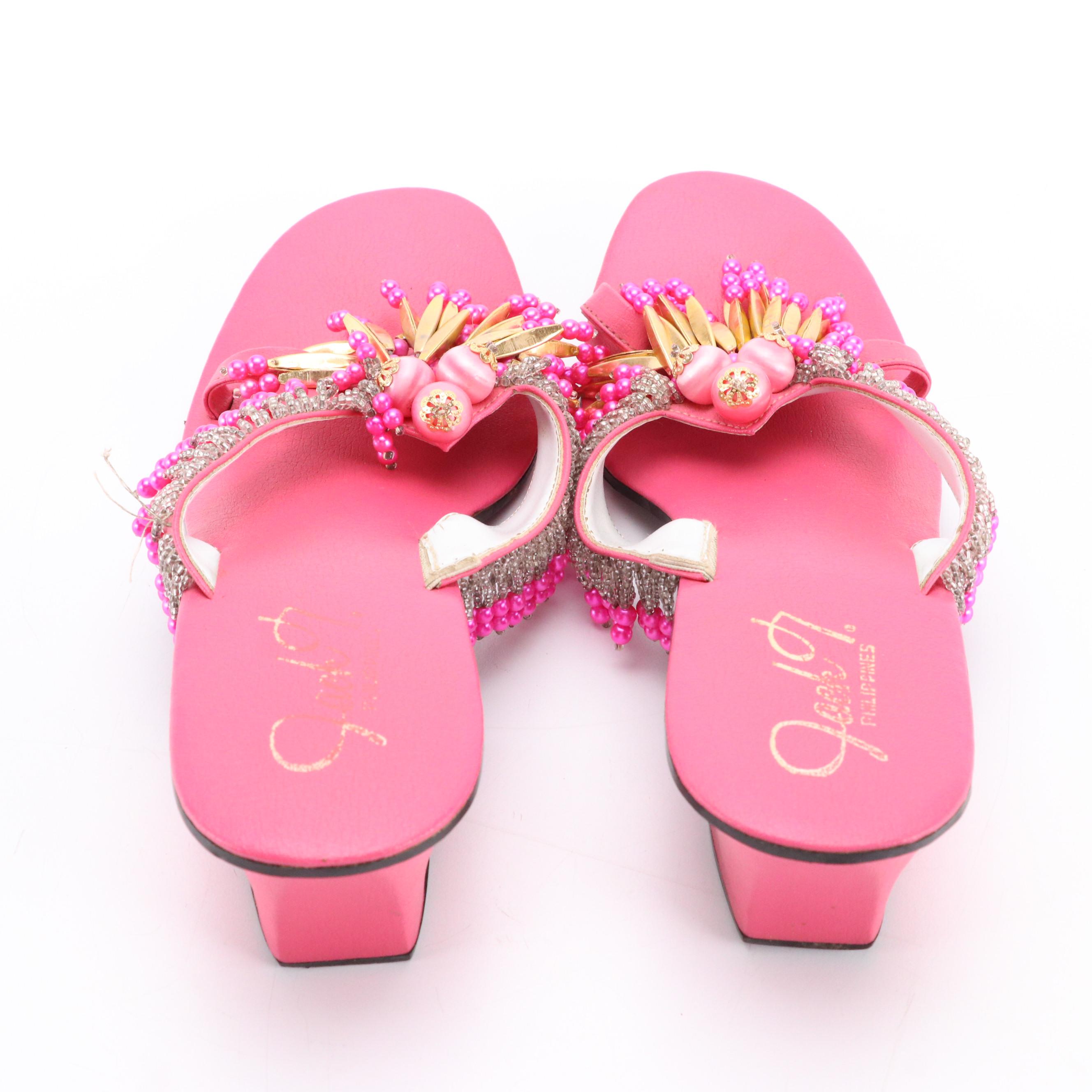 Jack T. Beaded Kitten Heel Sandals in Hot Pink Leather