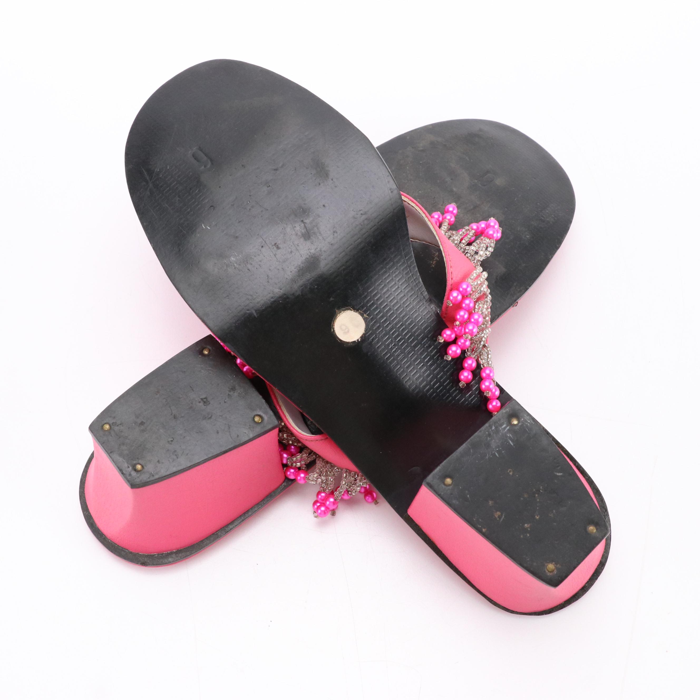 Jack T. Beaded Kitten Heel Sandals in Hot Pink Leather