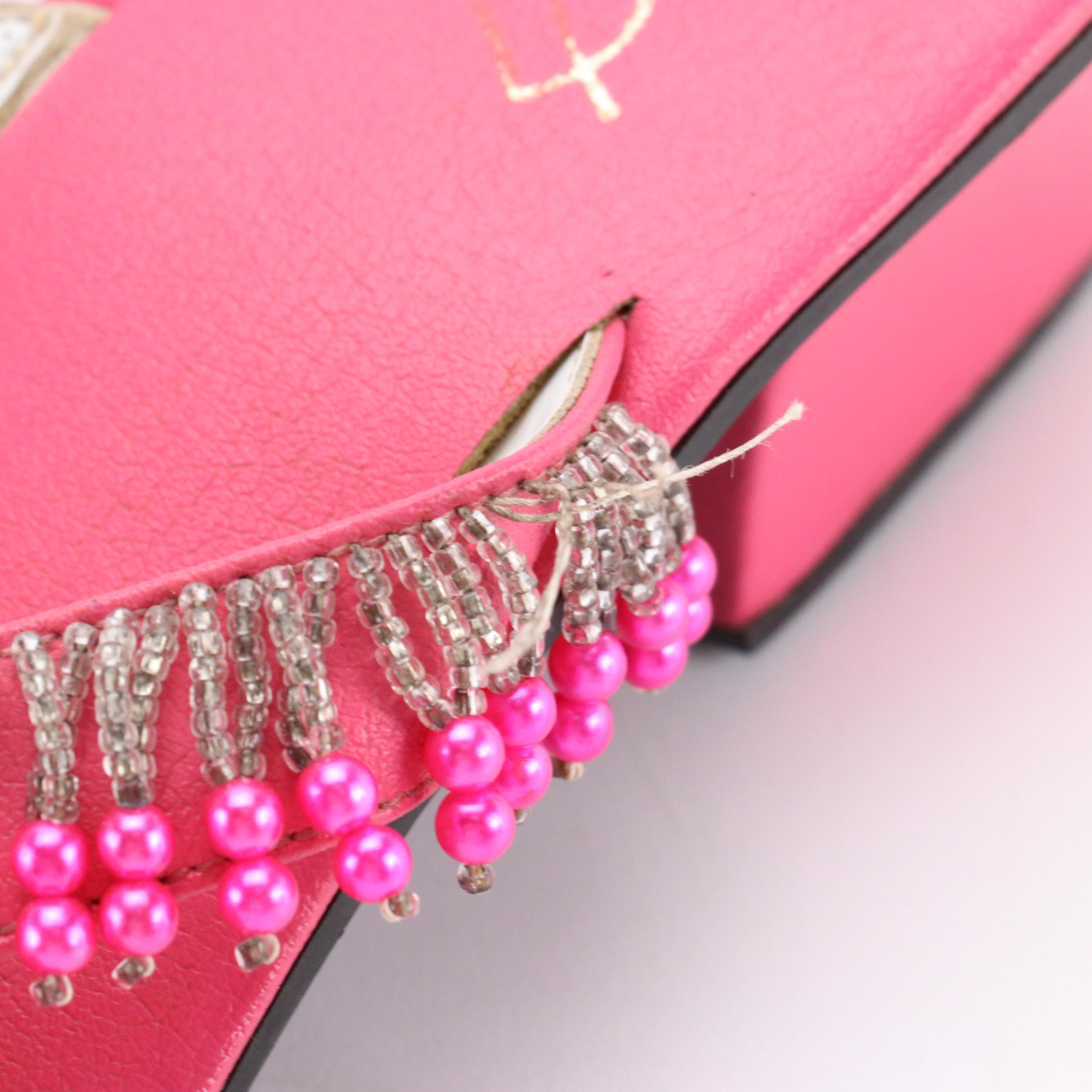 Jack T. Beaded Kitten Heel Sandals in Hot Pink Leather