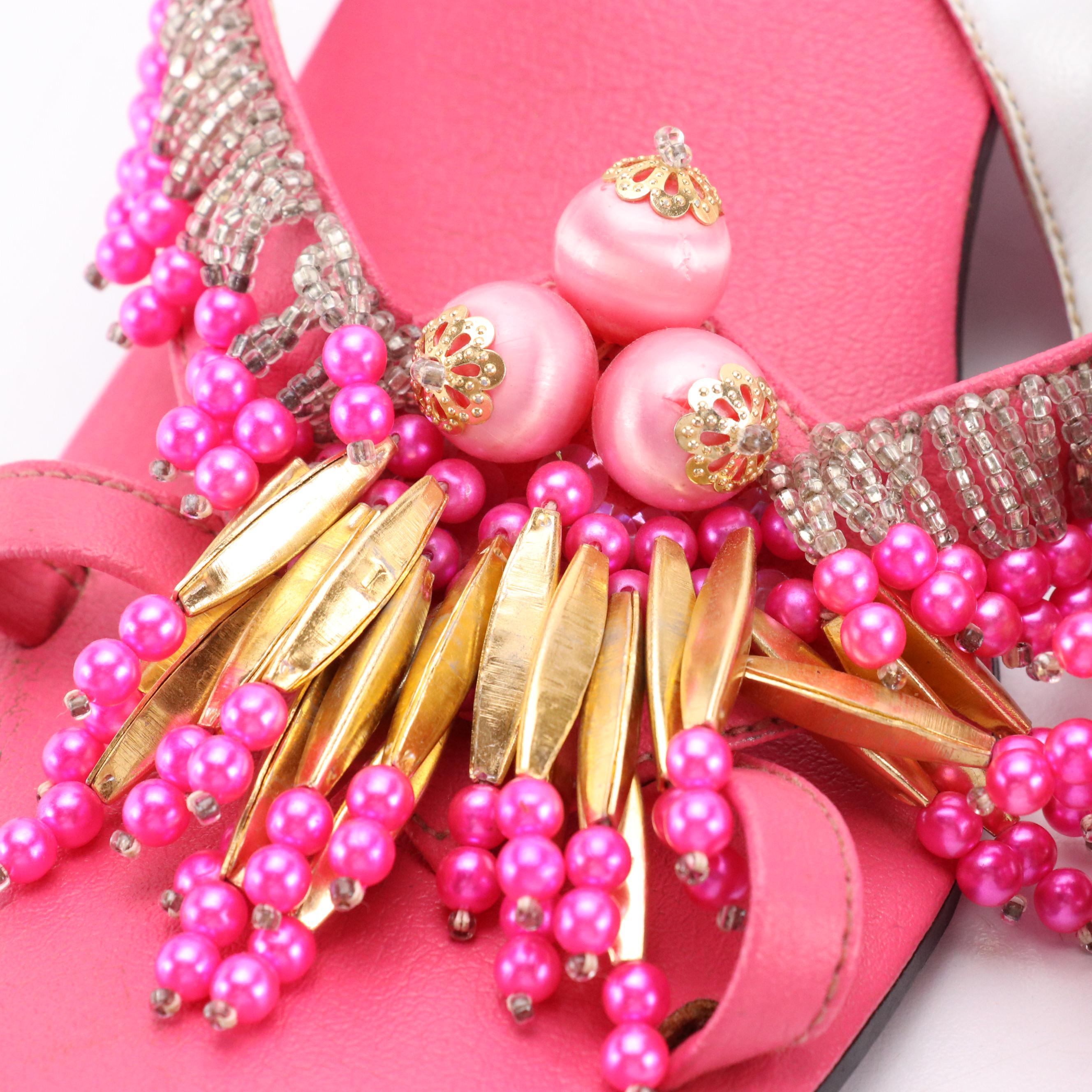 Jack T. Beaded Kitten Heel Sandals in Hot Pink Leather