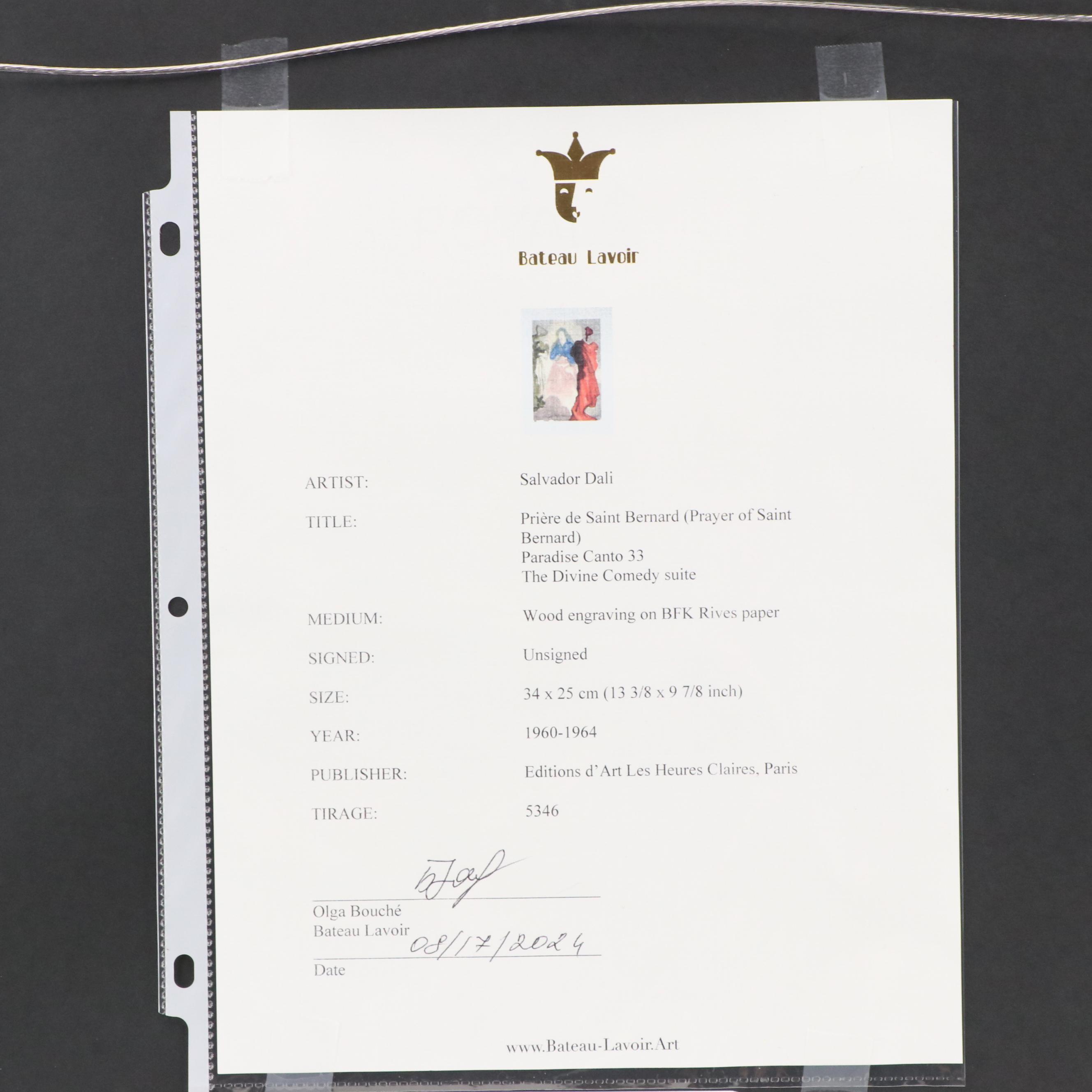 Salvador Dalí Wood Engraving "Prière de Saint Bernard," 1960 - 1964