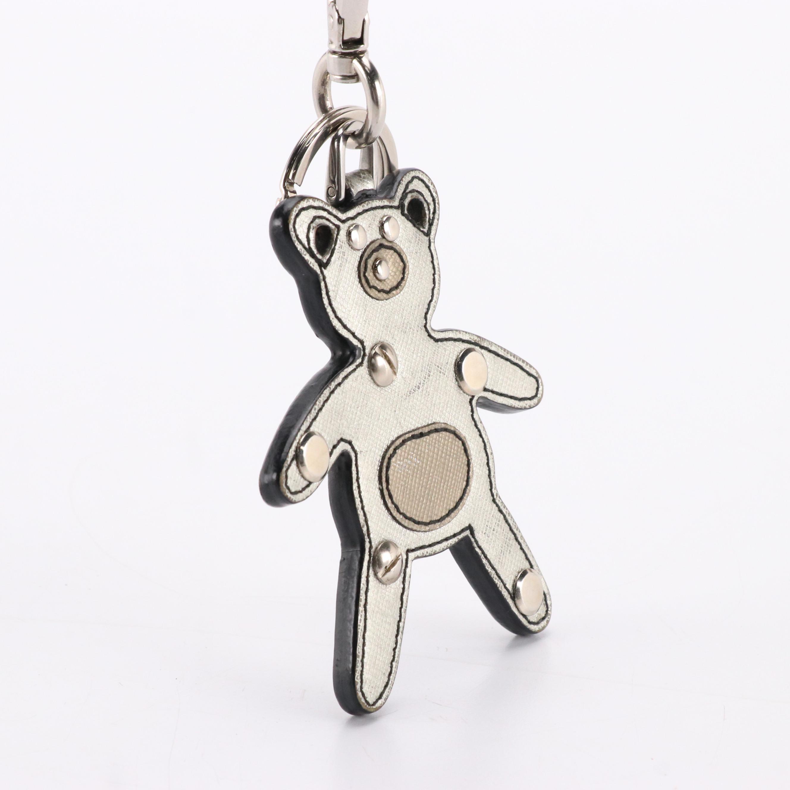 Prada Bear Bag Charm/Keychain in Studded Metallic Tone Saffiano Leather