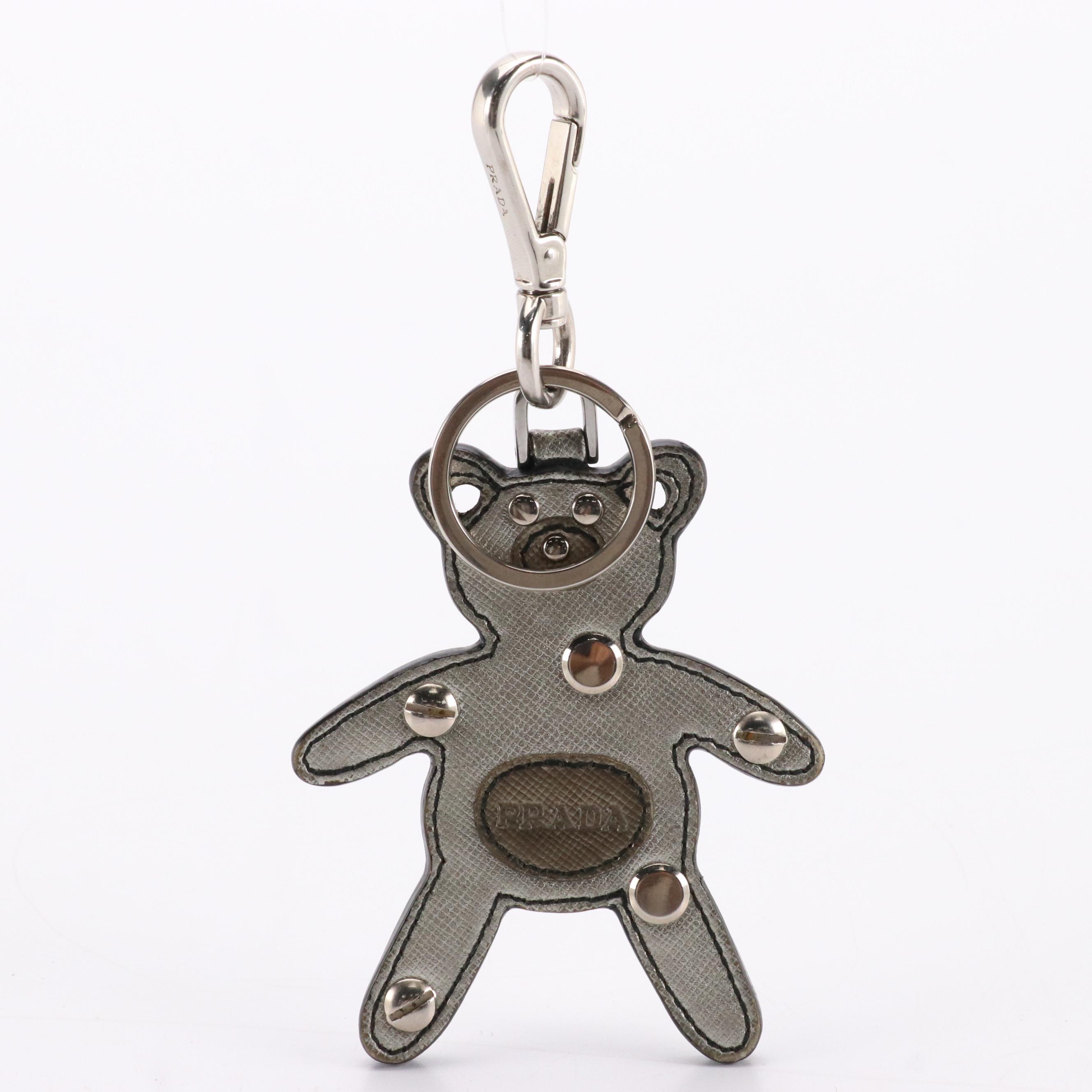 Prada Bear Bag Charm/Keychain in Studded Metallic Tone Saffiano Leather
