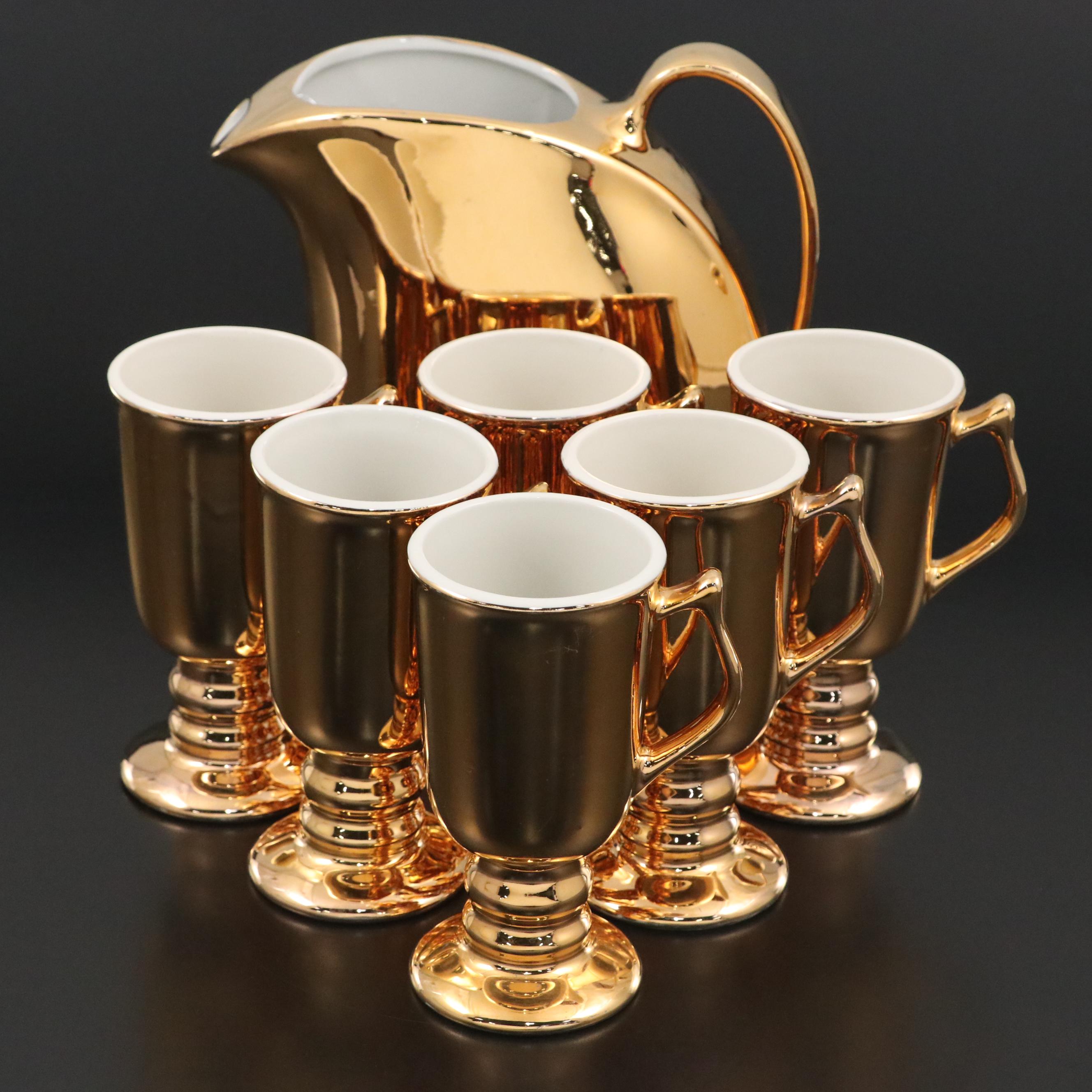Hall "Golden Glo" Pottery Pitcher and Irish Coffee Mugs, Mid-20th Century