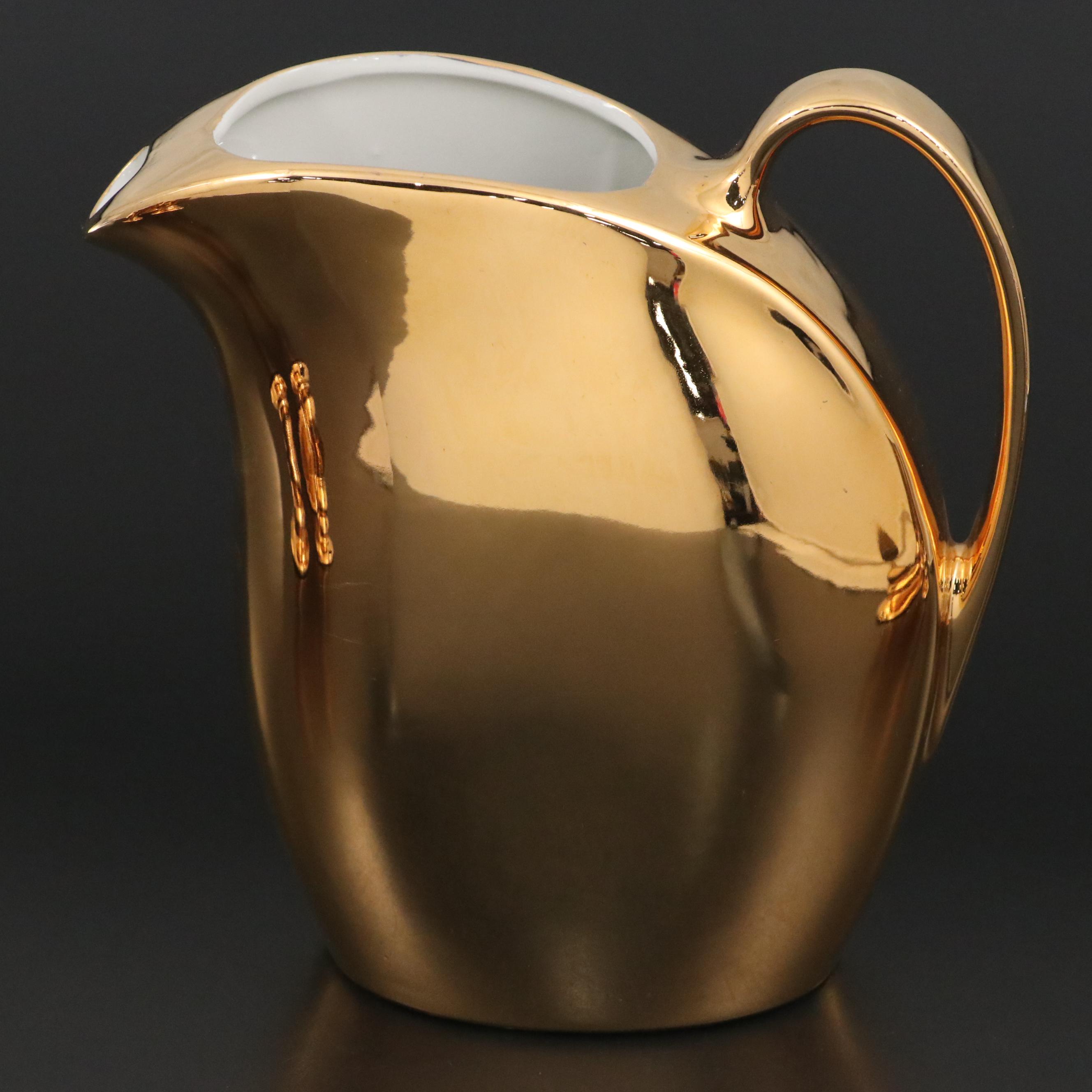 Hall "Golden Glo" Pottery Pitcher and Irish Coffee Mugs, Mid-20th Century