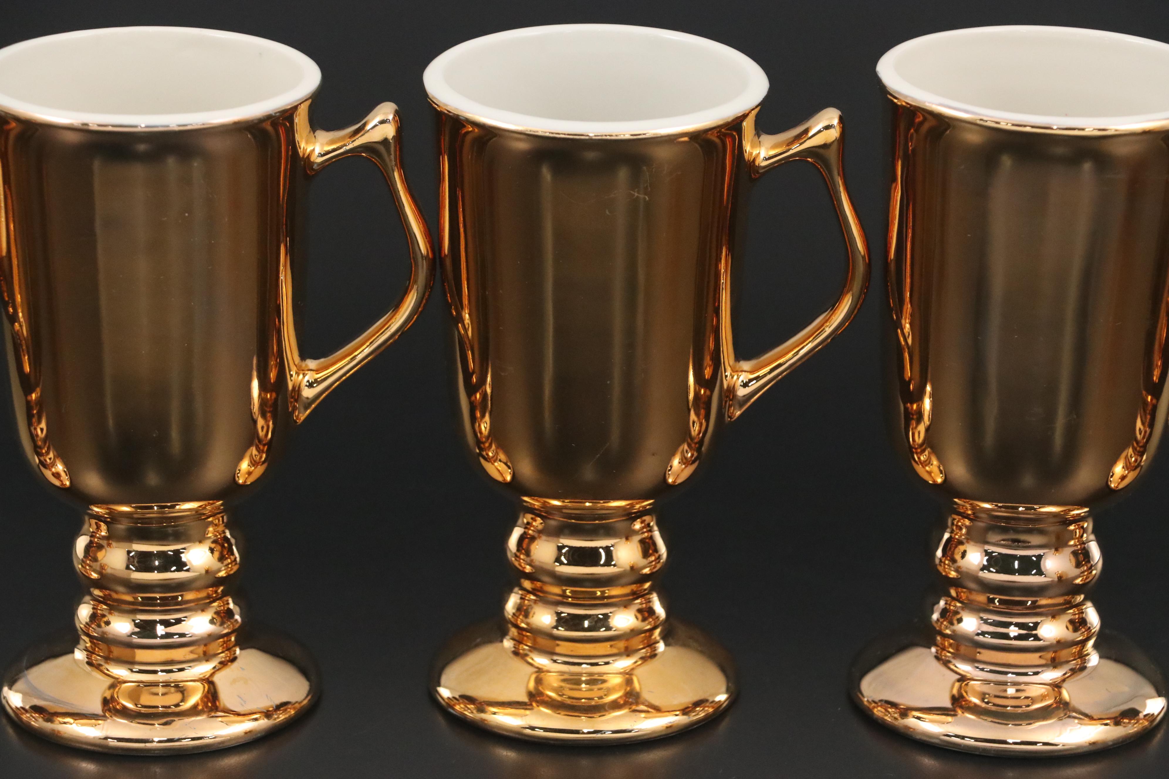 Hall "Golden Glo" Pottery Pitcher and Irish Coffee Mugs, Mid-20th Century