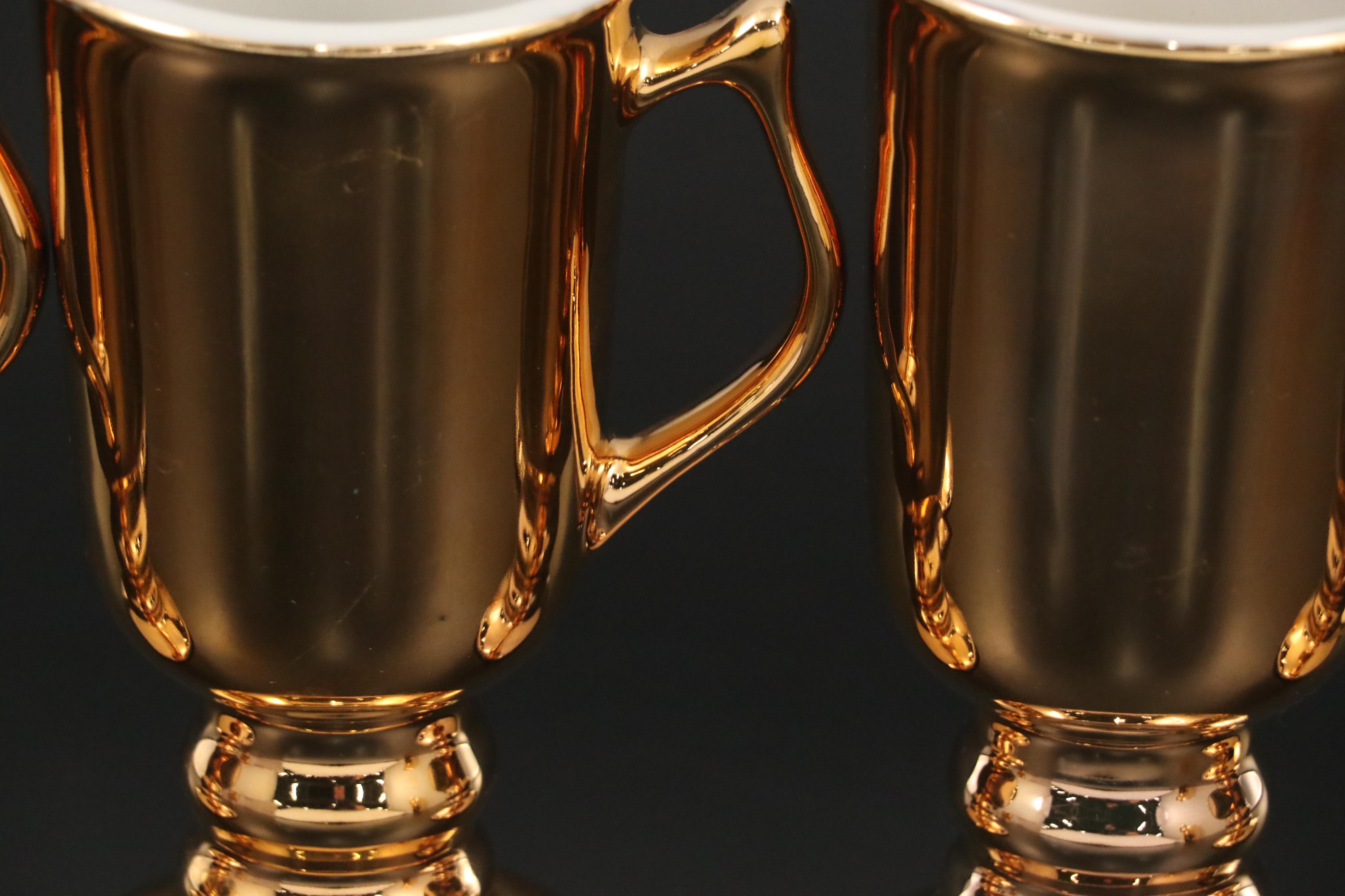 Hall "Golden Glo" Pottery Pitcher and Irish Coffee Mugs, Mid-20th Century
