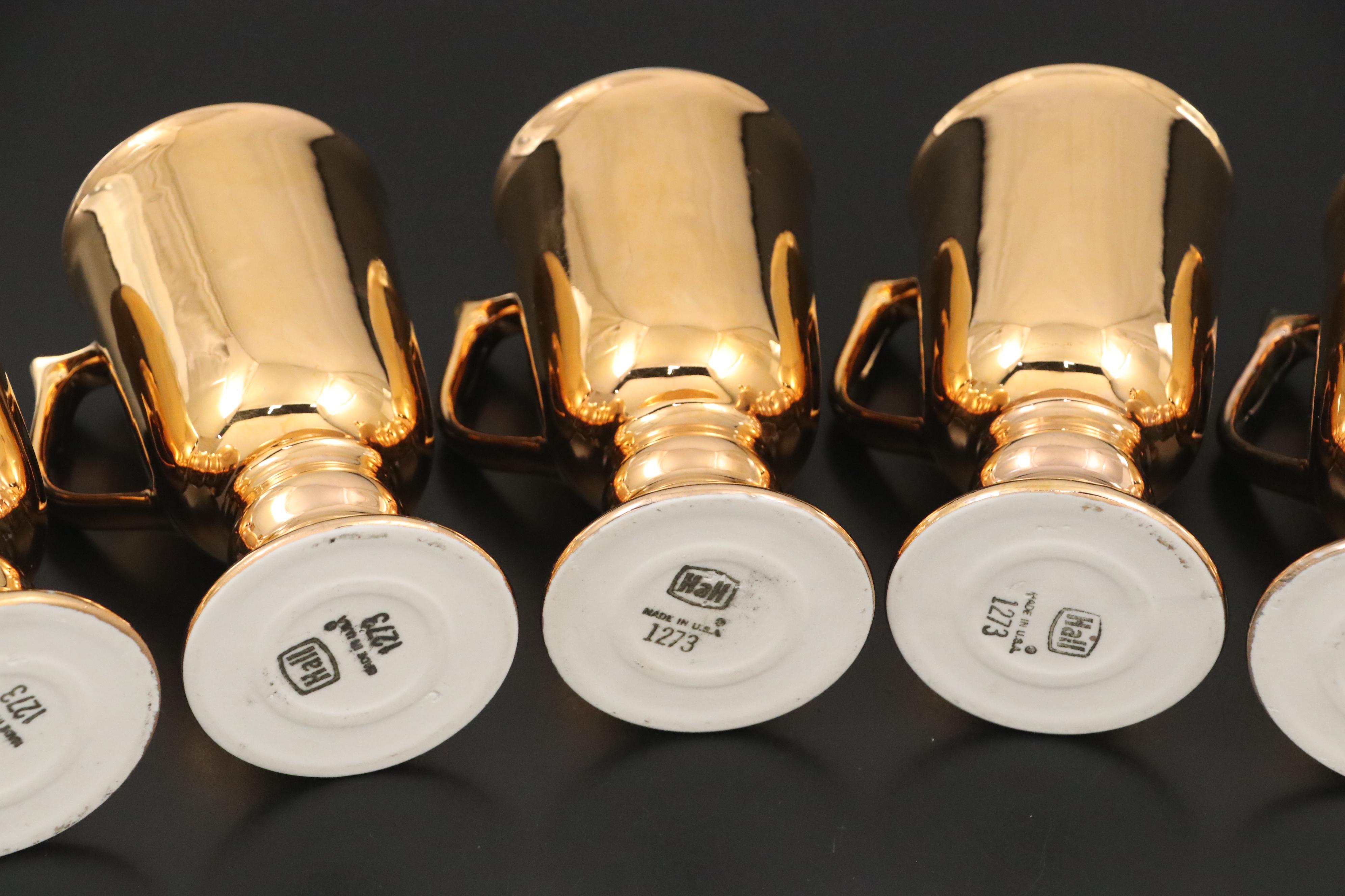 Hall "Golden Glo" Pottery Pitcher and Irish Coffee Mugs, Mid-20th Century