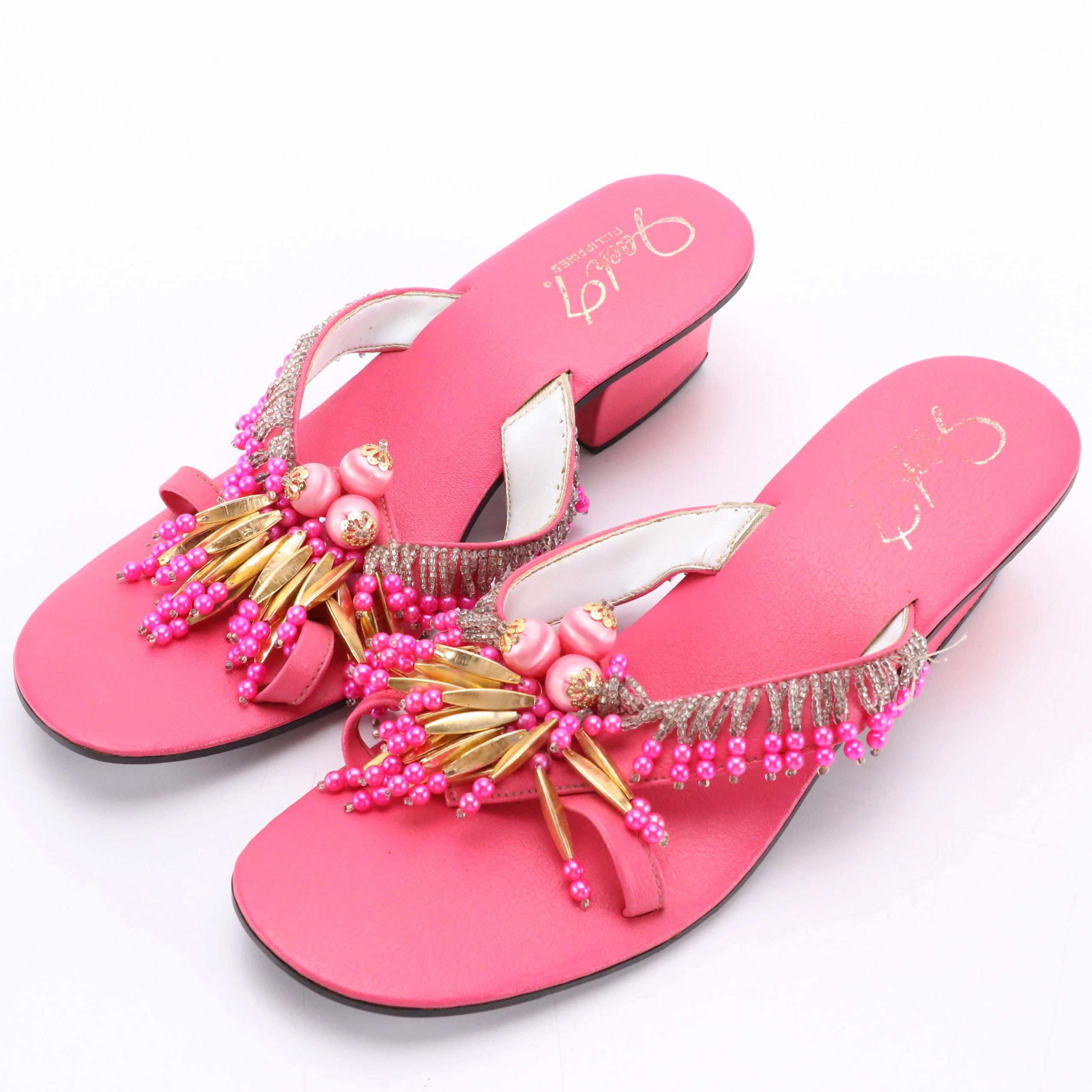 Jack T. Beaded Kitten Heel Sandals in Hot Pink Leather
