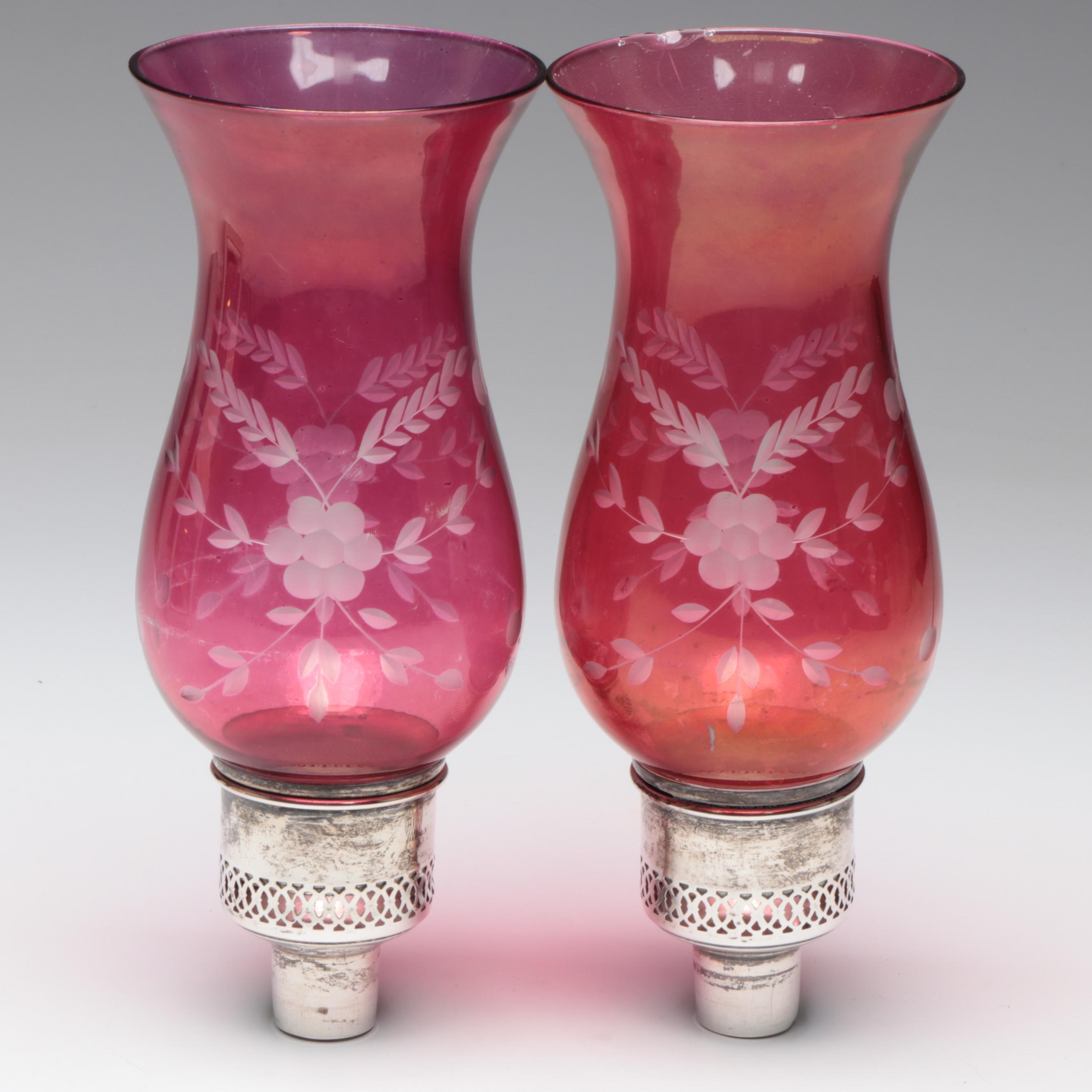 Cranberry Glass Hurricane Shades with Sterling Silver Base and More
