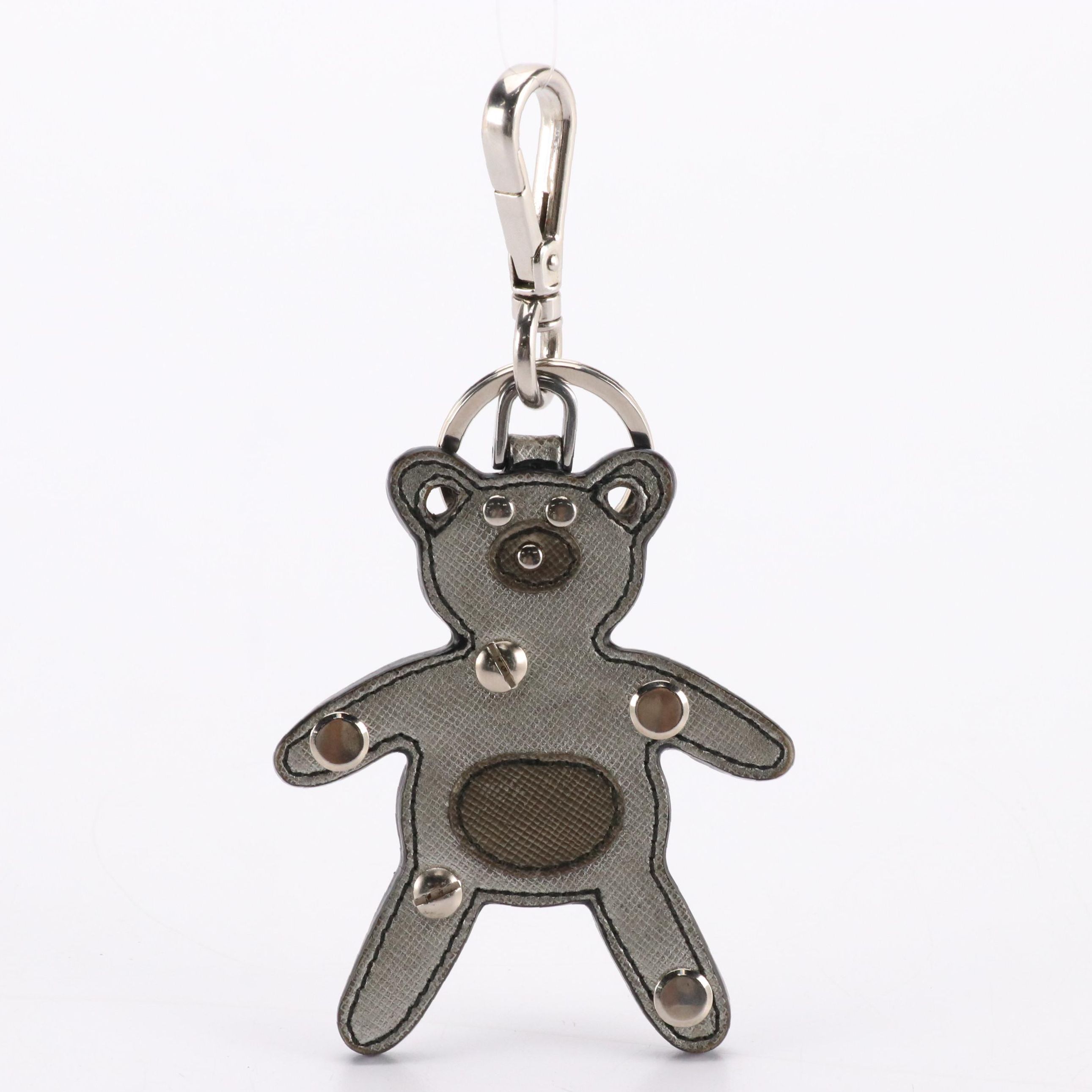 Prada Bear Bag Charm/Keychain in Studded Metallic Tone Saffiano Leather