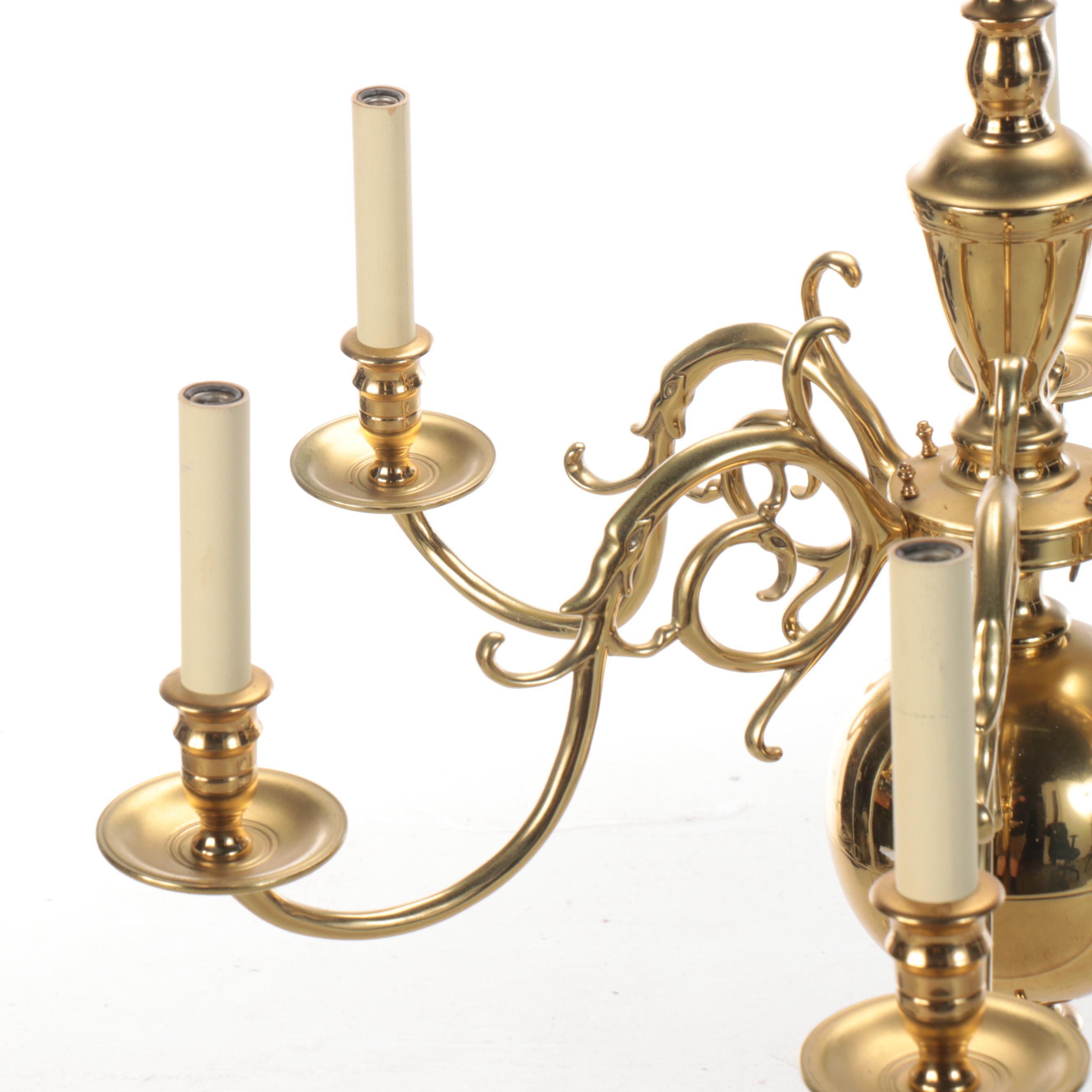 Virginia Metalcrafters Dutch Baroque Brass Six-Arm Chandelier, Vintage