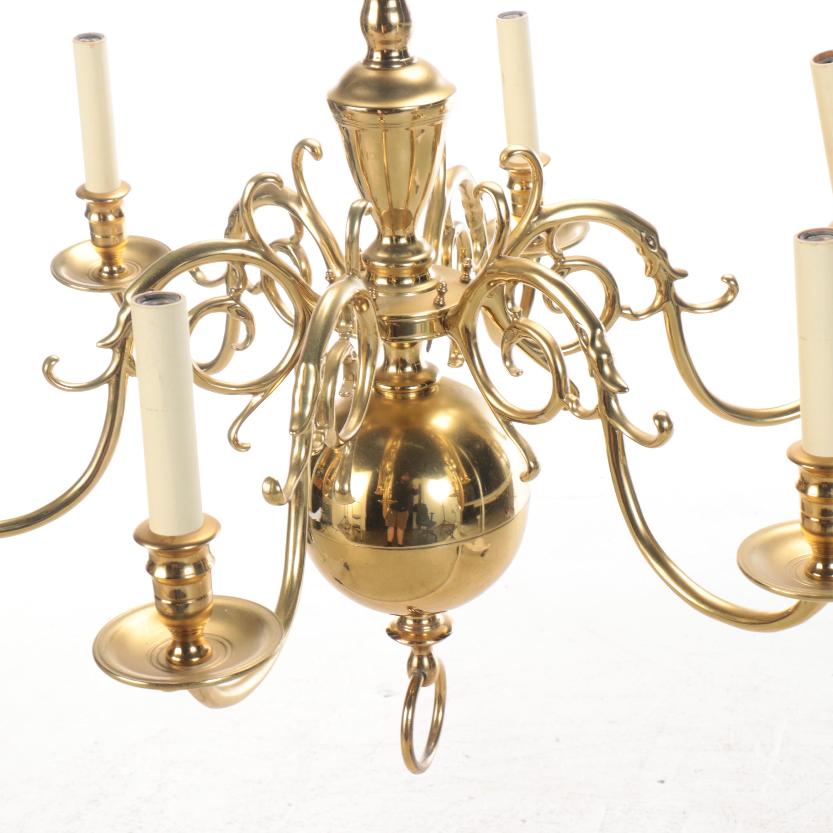 Virginia Metalcrafters Dutch Baroque Brass Six-Arm Chandelier, Vintage