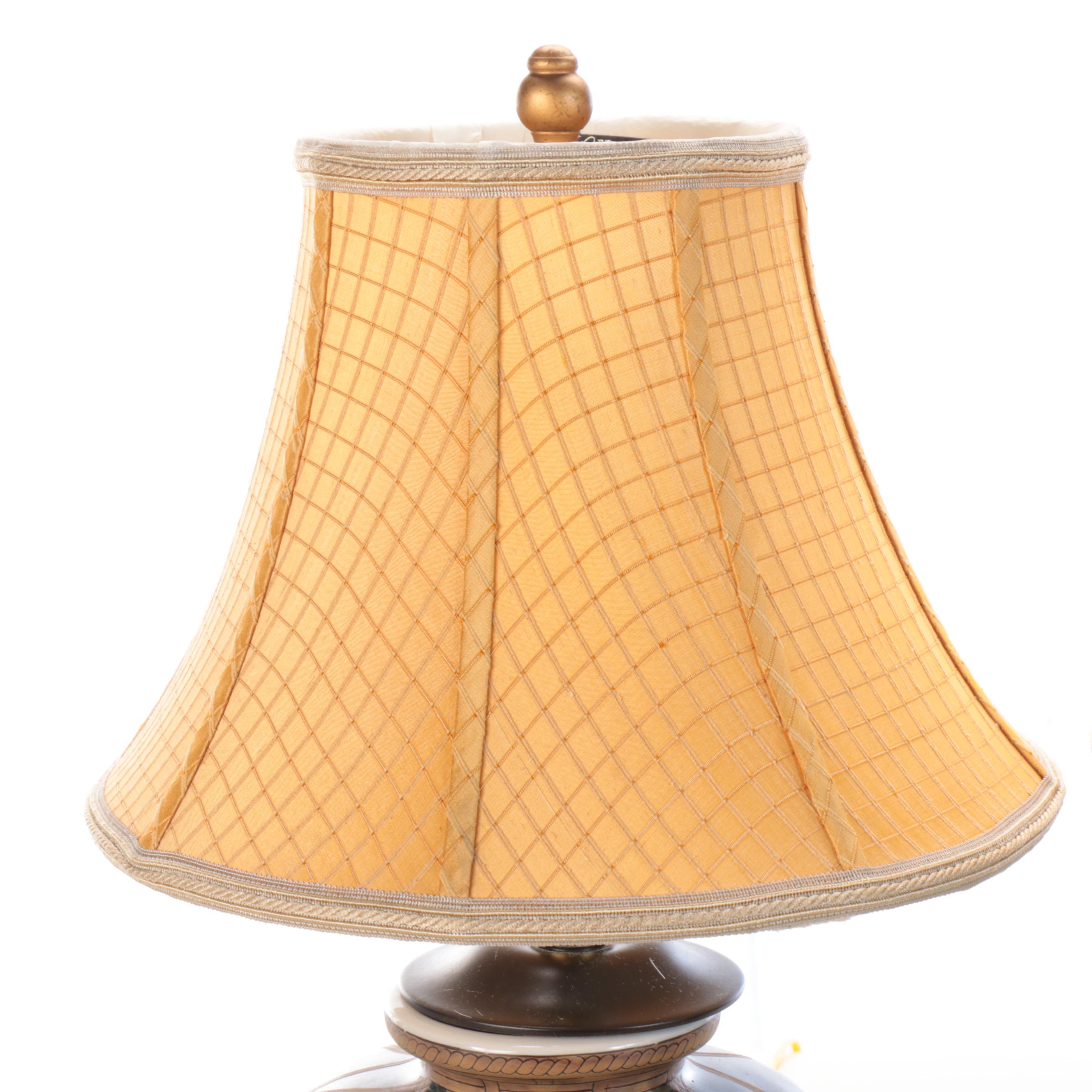 Paid of Oriental Accent Lattice Pattern Ceramic Lamps with Bradburn Shades