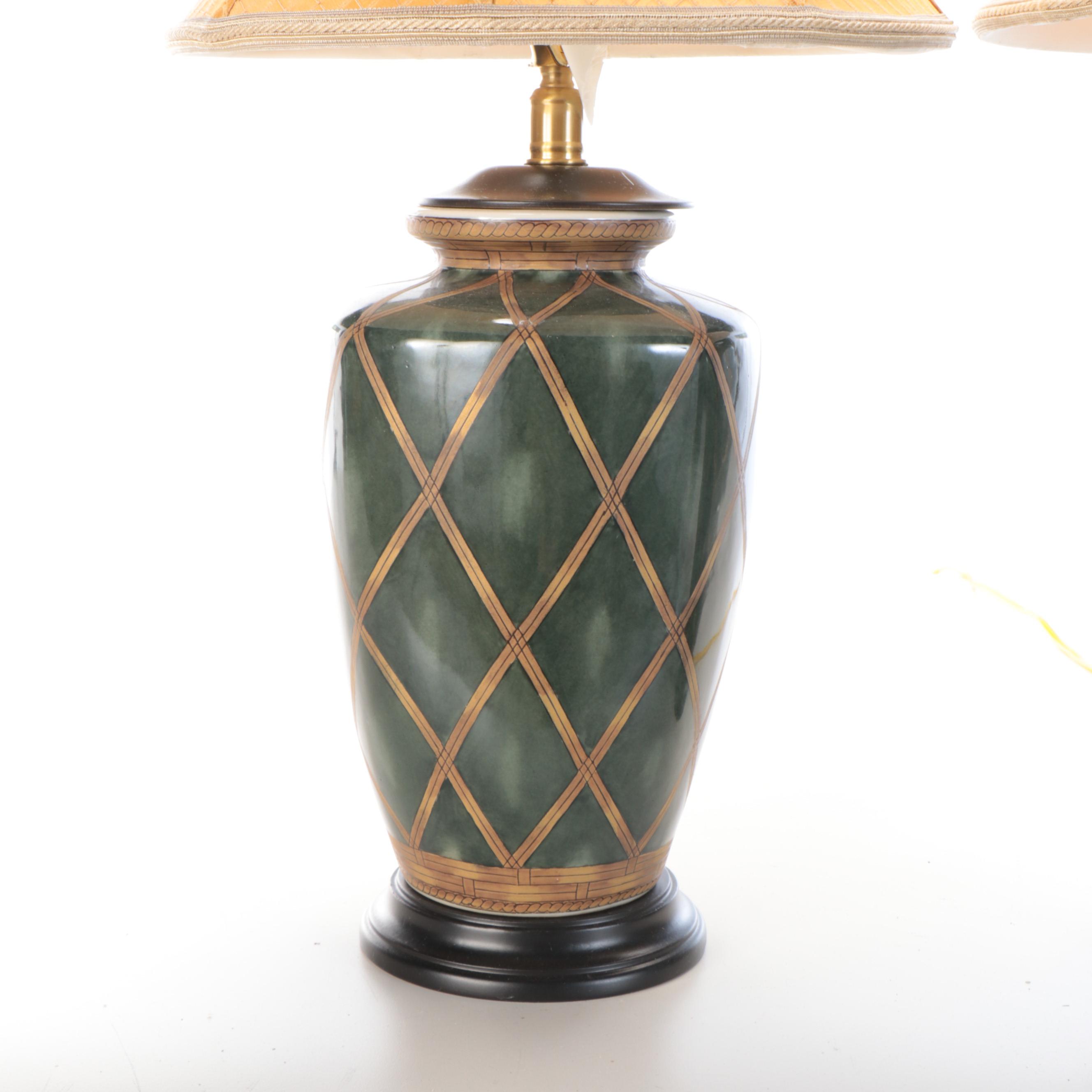 Paid of Oriental Accent Lattice Pattern Ceramic Lamps with Bradburn Shades
